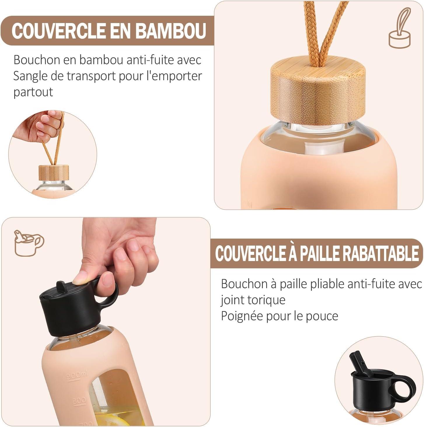 image:image750ml Gourde en Verre Avec Paille et 2 Couvercle Bouteille deau Motivation Gradue Pour 1 Journee Avec Marqueur de Temps Housse en Silicone Sport Gourde ReutilisableBleuAmbre