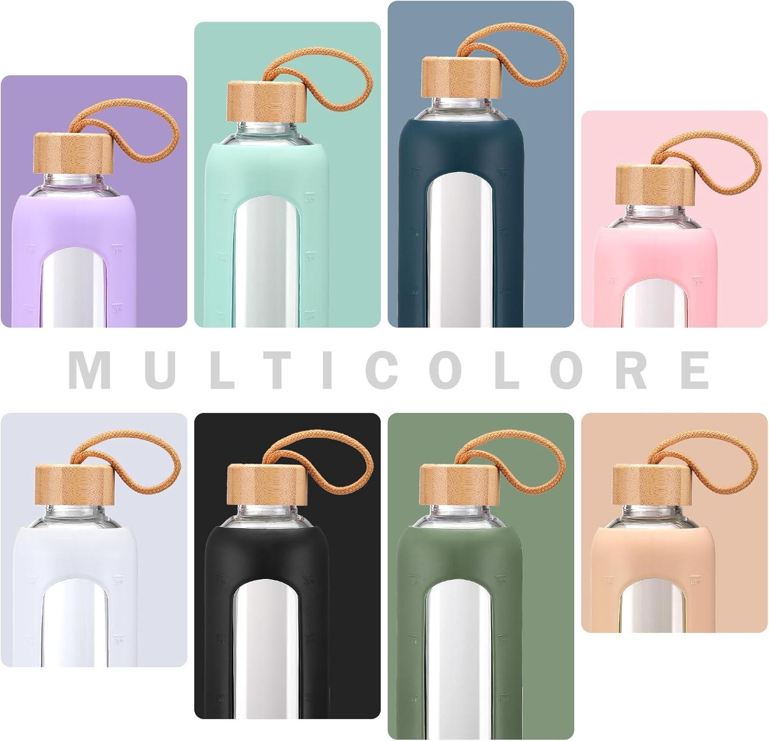 image:image750ml Gourde en Verre Avec Paille et 2 Couvercle Bouteille deau Motivation Gradue Pour 1 Journee Avec Marqueur de Temps Housse en Silicone Sport Gourde ReutilisableBleuOlivier