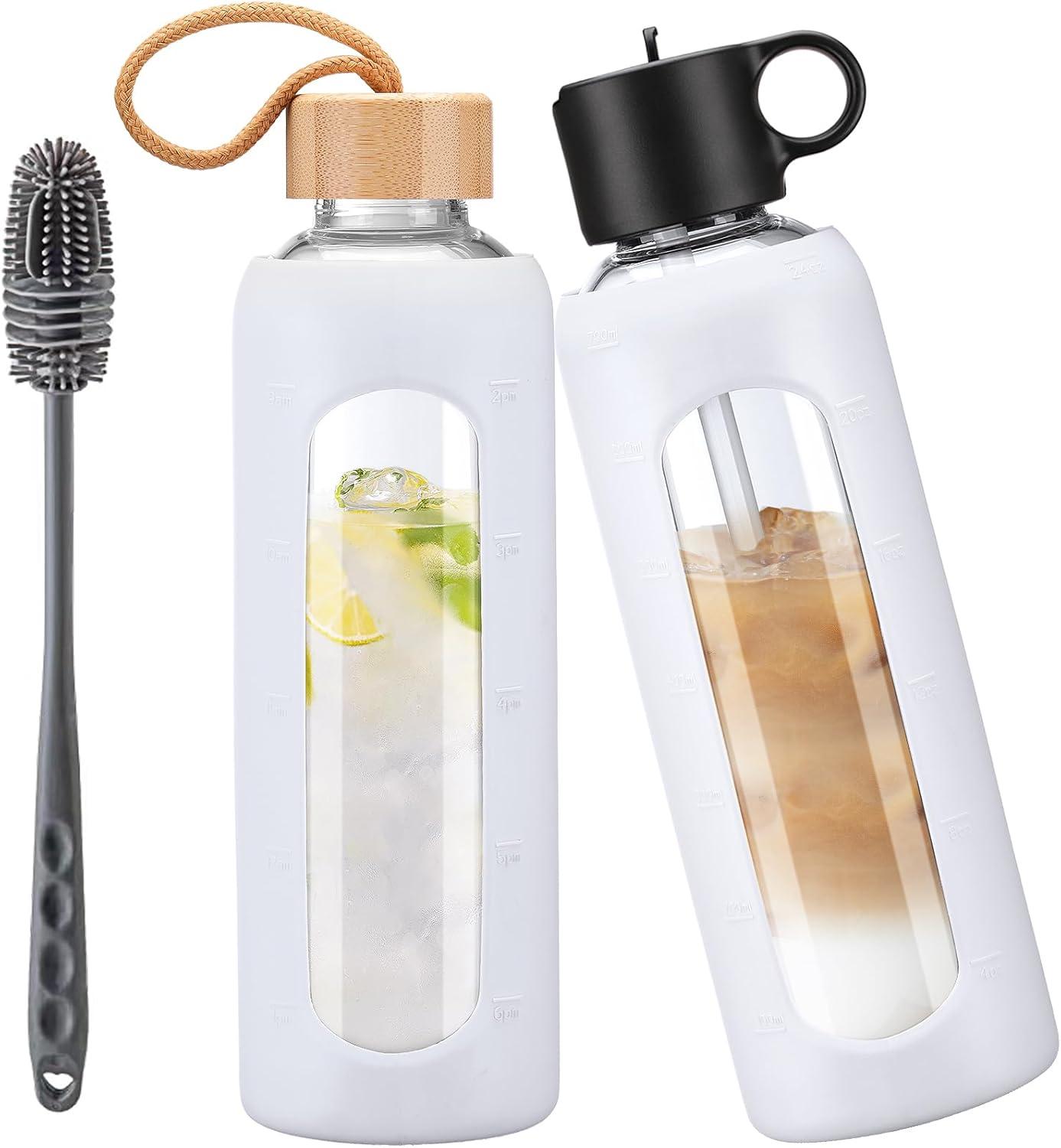 image:image750ml Gourde en Verre Avec Paille et 2 Couvercle Bouteille deau Motivation Gradue Pour 1 Journee Avec Marqueur de Temps Housse en Silicone Sport Gourde ReutilisableBleuBlanc