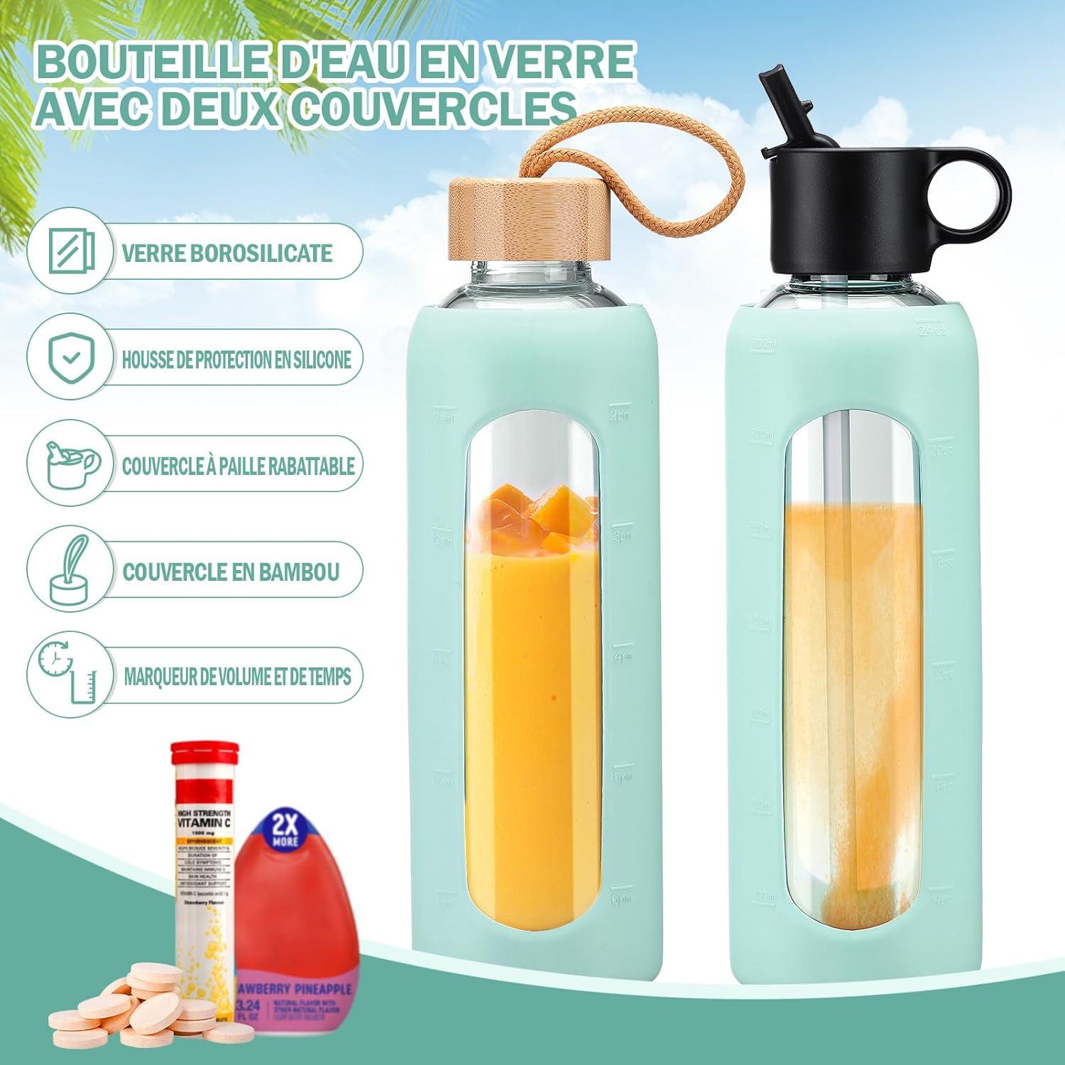 image:image750ml Gourde en Verre Avec Paille et 2 Couvercle Bouteille deau Motivation Gradue Pour 1 Journee Avec Marqueur de Temps Housse en Silicone Sport Gourde ReutilisableBleuVert Menthe