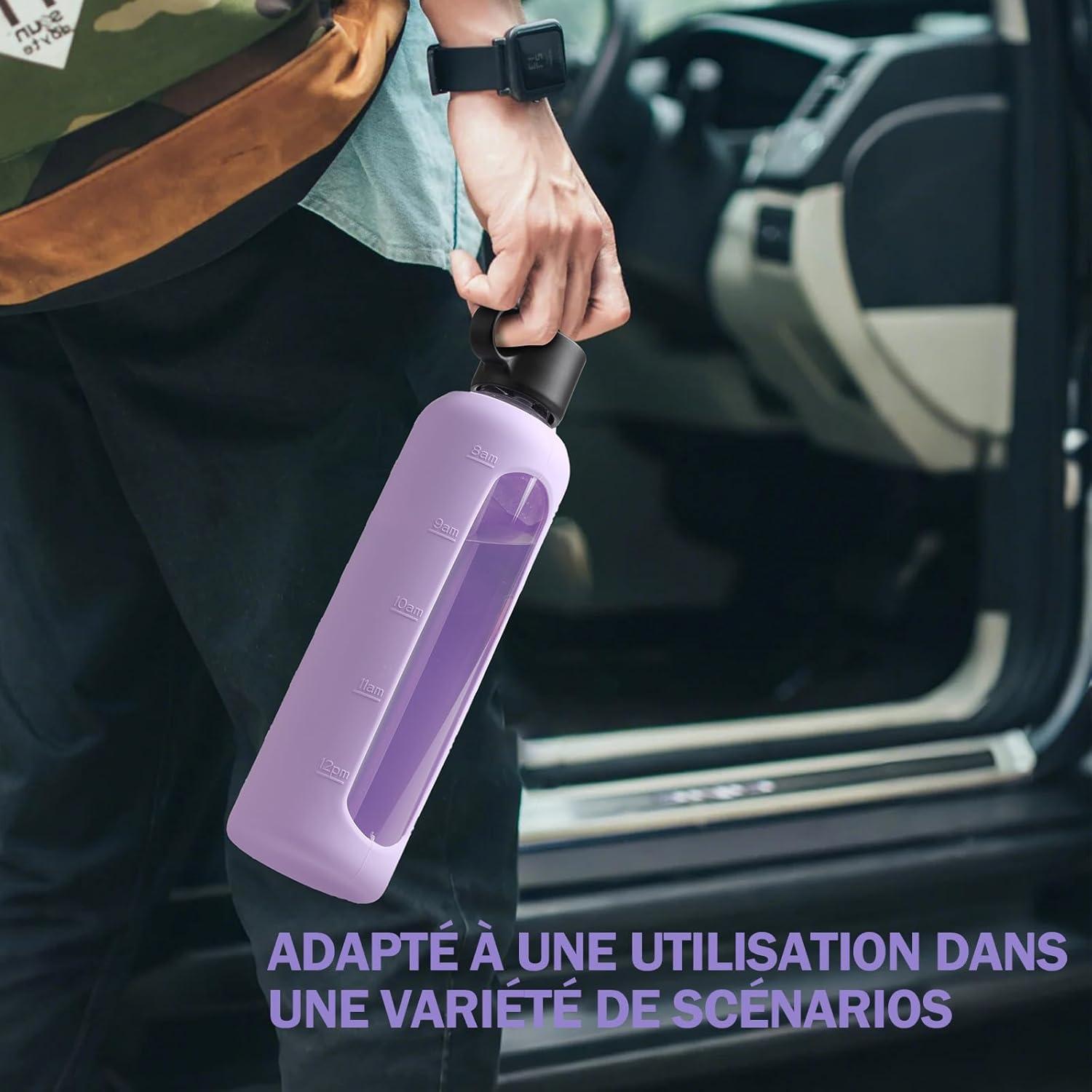 image:image750ml Gourde en Verre Avec Paille et 2 Couvercle Bouteille deau Motivation Gradue Pour 1 Journee Avec Marqueur de Temps Housse en Silicone Sport Gourde ReutilisableBleuViolet