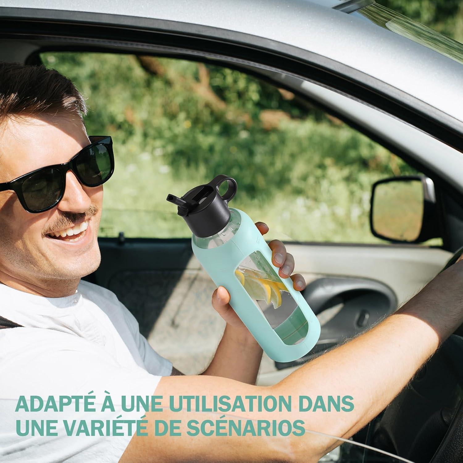 image:image750ml Gourde en Verre Avec Paille et 2 Couvercle Bouteille deau Motivation Gradue Pour 1 Journee Avec Marqueur de Temps Housse en Silicone Sport Gourde ReutilisableBleuVert Menthe
