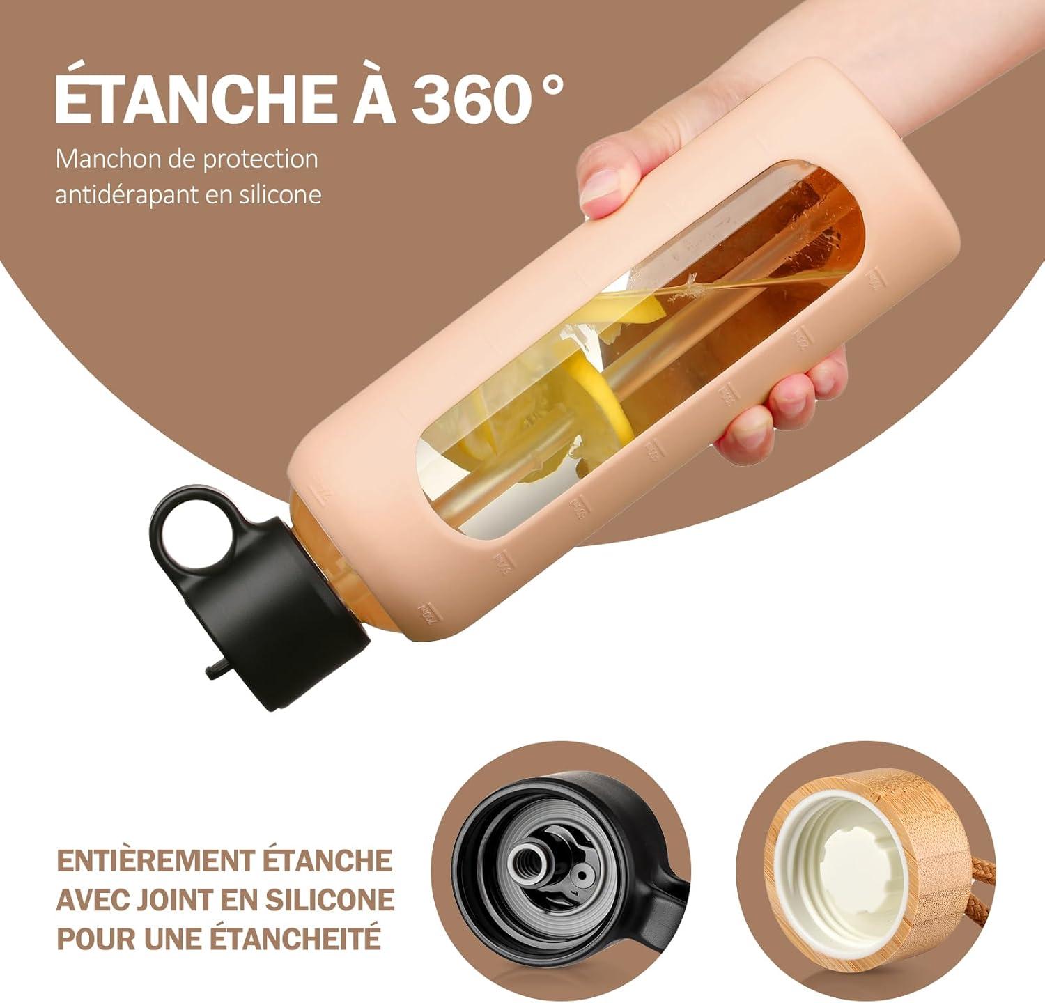 image:image750ml Gourde en Verre Avec Paille et 2 Couvercle Bouteille deau Motivation Gradue Pour 1 Journee Avec Marqueur de Temps Housse en Silicone Sport Gourde ReutilisableBleuAmbre