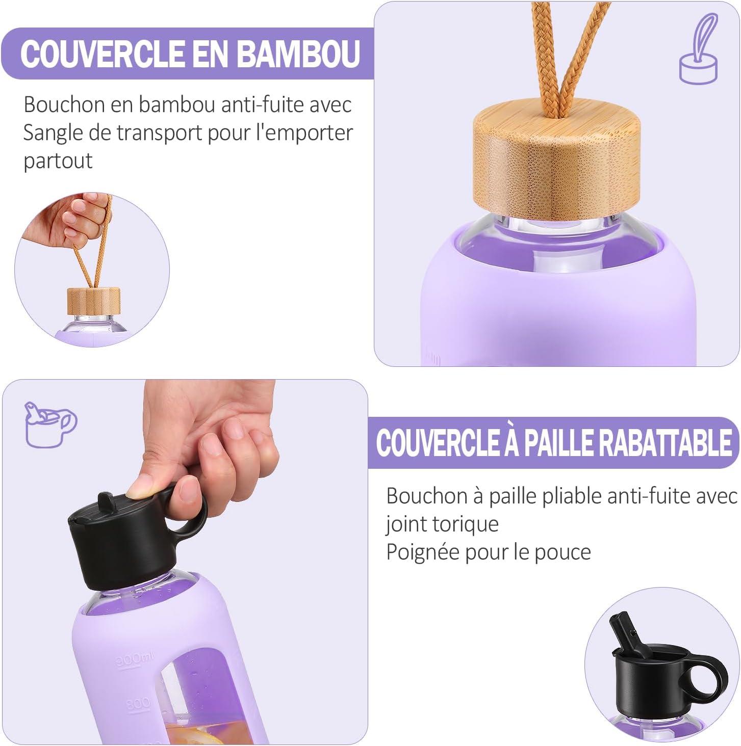 image:image750ml Gourde en Verre Avec Paille et 2 Couvercle Bouteille deau Motivation Gradue Pour 1 Journee Avec Marqueur de Temps Housse en Silicone Sport Gourde ReutilisableBleuViolet