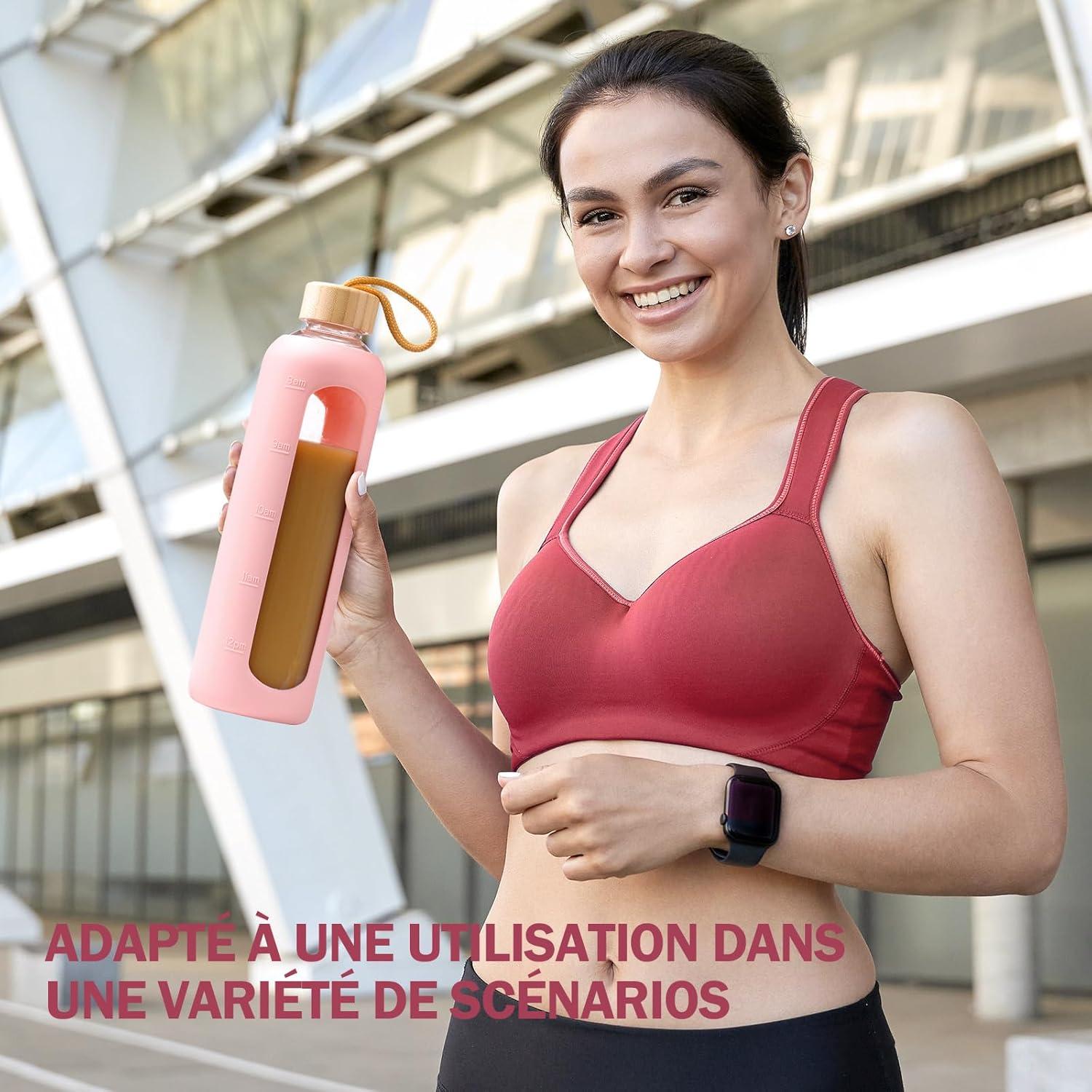 image:image750ml Gourde en Verre Avec Paille et 2 Couvercle Bouteille deau Motivation Gradue Pour 1 Journee Avec Marqueur de Temps Housse en Silicone Sport Gourde ReutilisableBleuRose