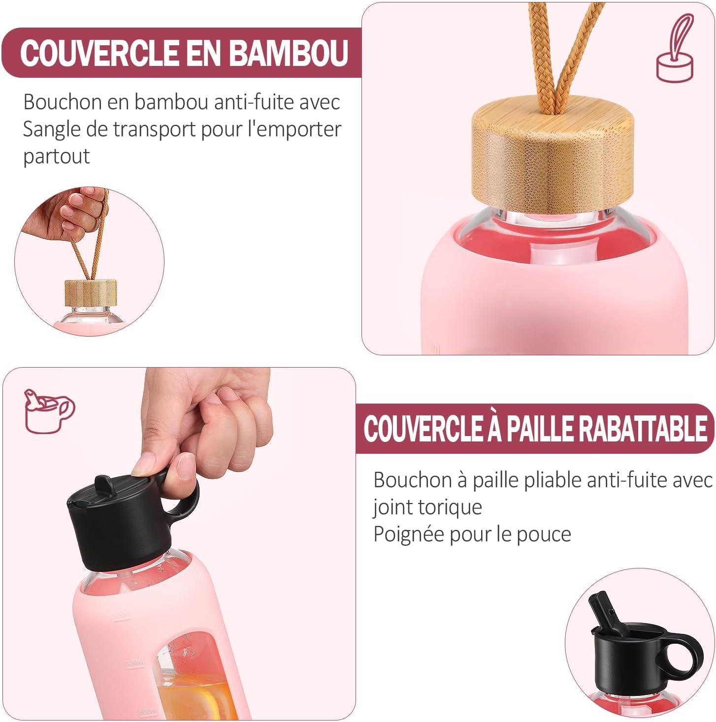 image:image750ml Gourde en Verre Avec Paille et 2 Couvercle Bouteille deau Motivation Gradue Pour 1 Journee Avec Marqueur de Temps Housse en Silicone Sport Gourde ReutilisableBleuRose