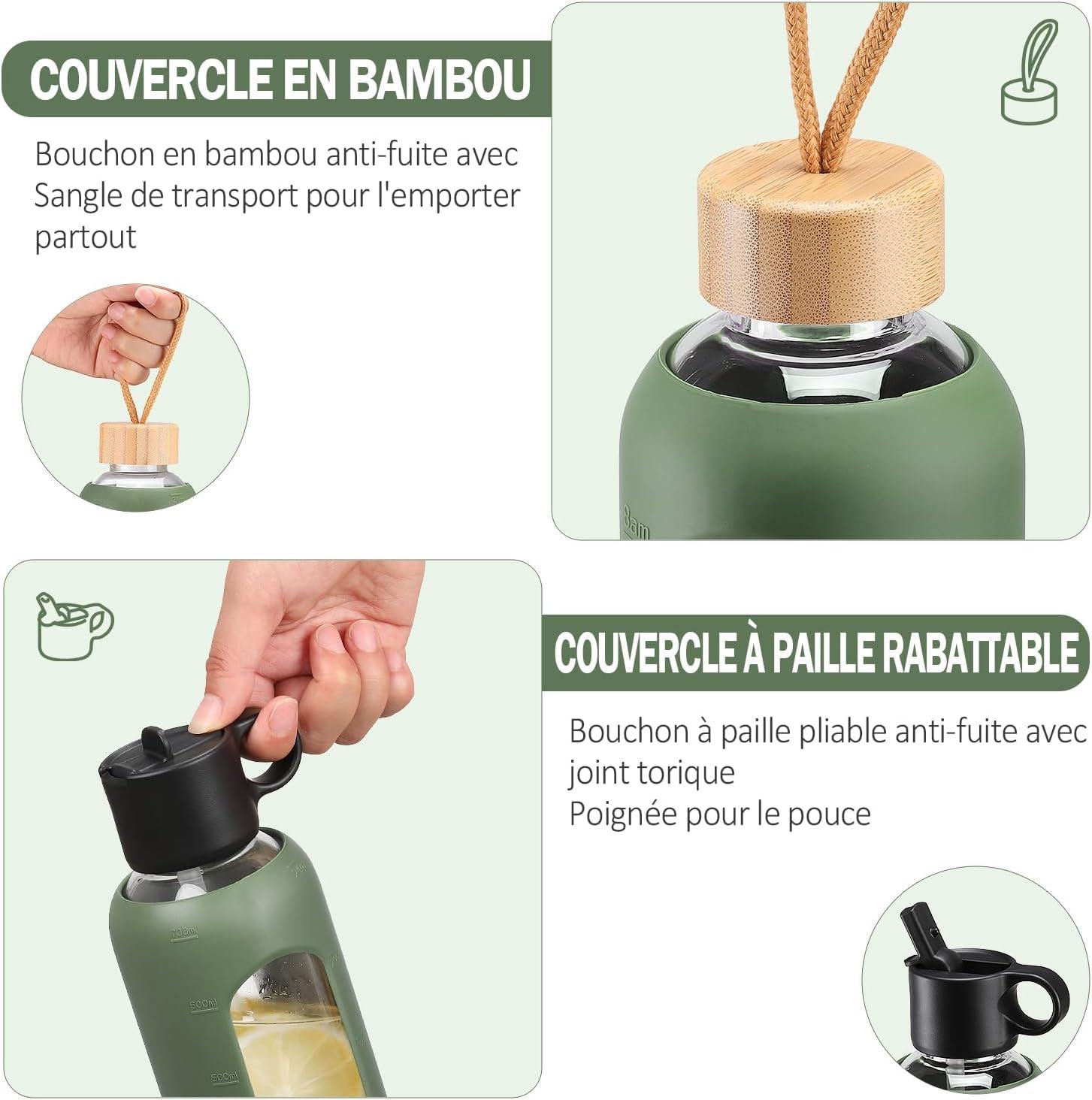 image:image750ml Gourde en Verre Avec Paille et 2 Couvercle Bouteille deau Motivation Gradue Pour 1 Journee Avec Marqueur de Temps Housse en Silicone Sport Gourde ReutilisableBleuOlivier
