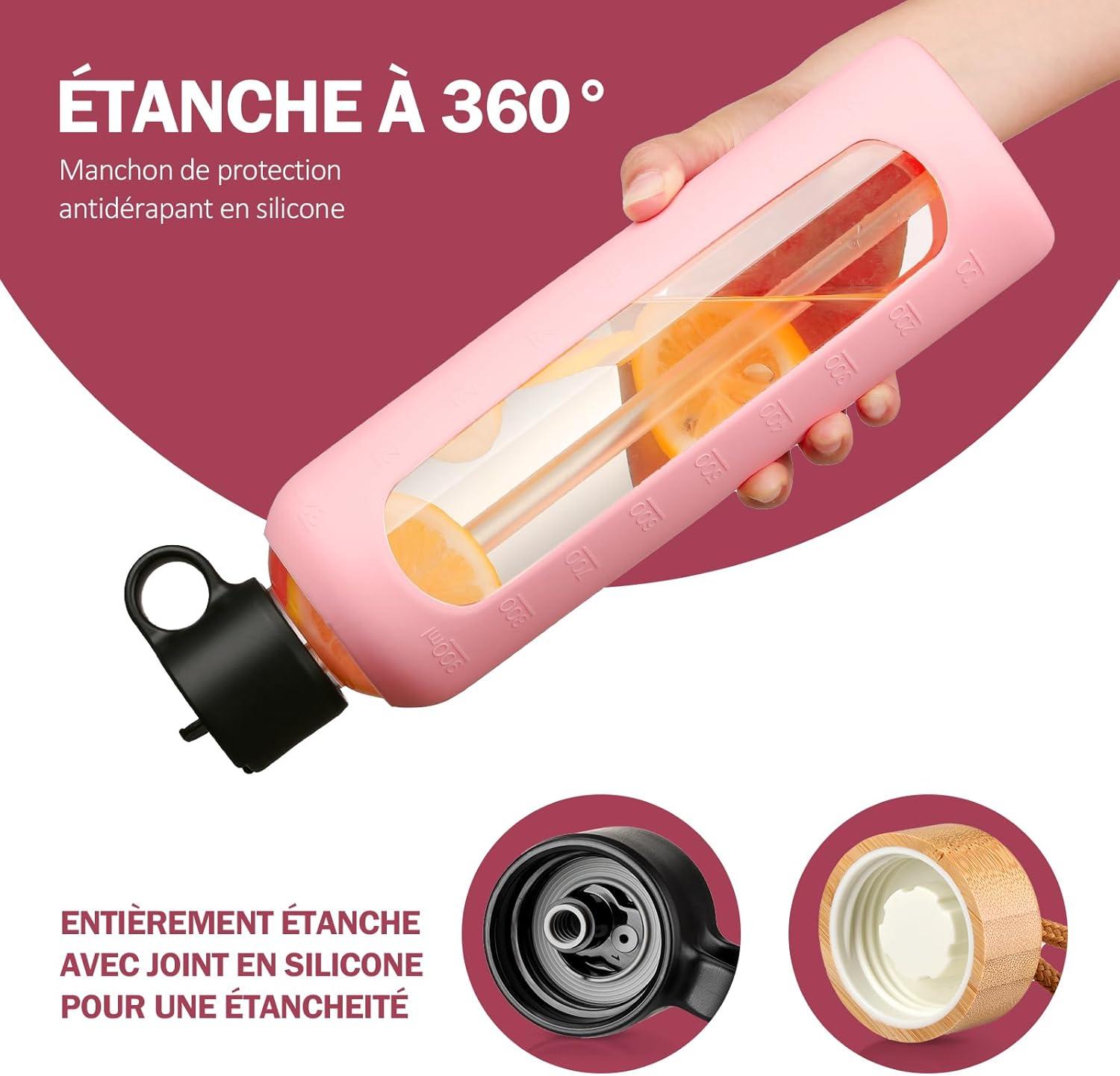 image:image750ml Gourde en Verre Avec Paille et 2 Couvercle Bouteille deau Motivation Gradue Pour 1 Journee Avec Marqueur de Temps Housse en Silicone Sport Gourde ReutilisableBleuRose