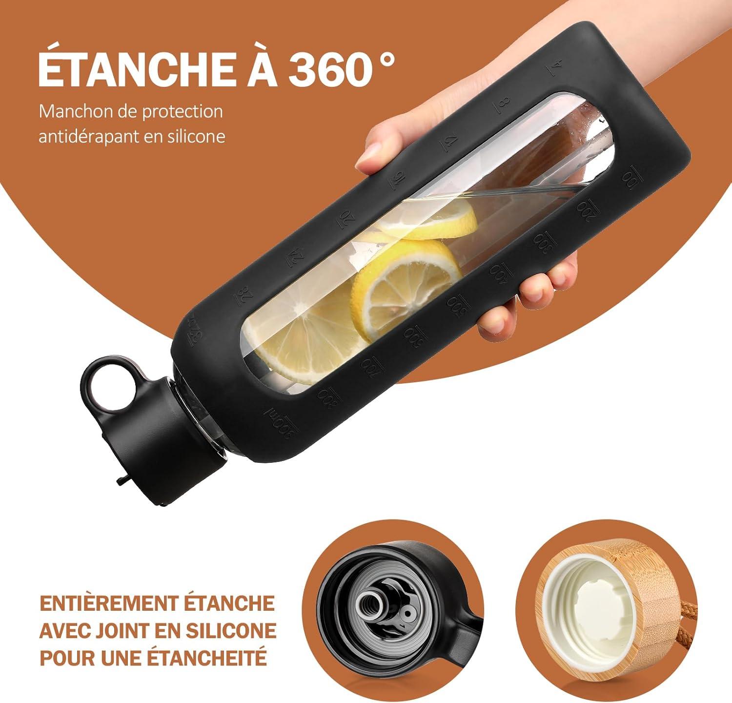 image:image750ml Gourde en Verre Avec Paille et 2 Couvercle Bouteille deau Motivation Gradue Pour 1 Journee Avec Marqueur de Temps Housse en Silicone Sport Gourde ReutilisableBleuNoir