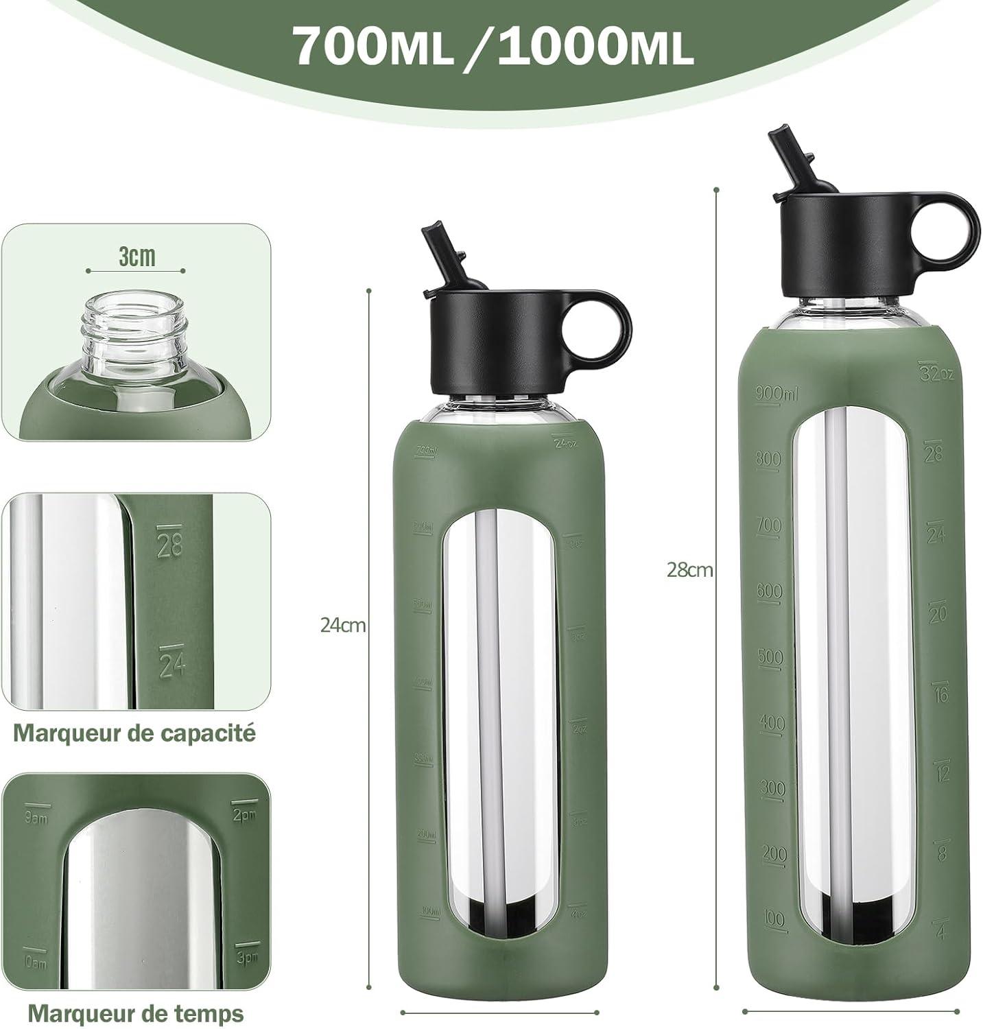image:image750ml Gourde en Verre Avec Paille et 2 Couvercle Bouteille deau Motivation Gradue Pour 1 Journee Avec Marqueur de Temps Housse en Silicone Sport Gourde ReutilisableBleuOlivier