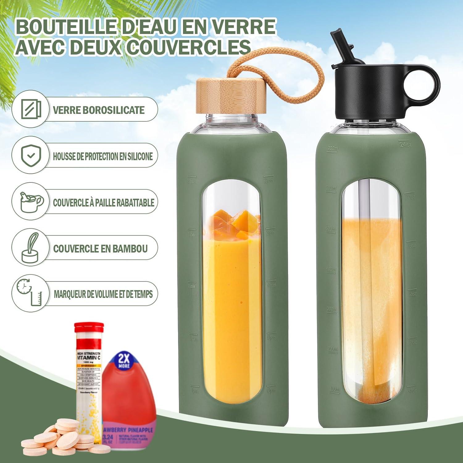 image:image750ml Gourde en Verre Avec Paille et 2 Couvercle Bouteille deau Motivation Gradue Pour 1 Journee Avec Marqueur de Temps Housse en Silicone Sport Gourde ReutilisableBleuOlivier
