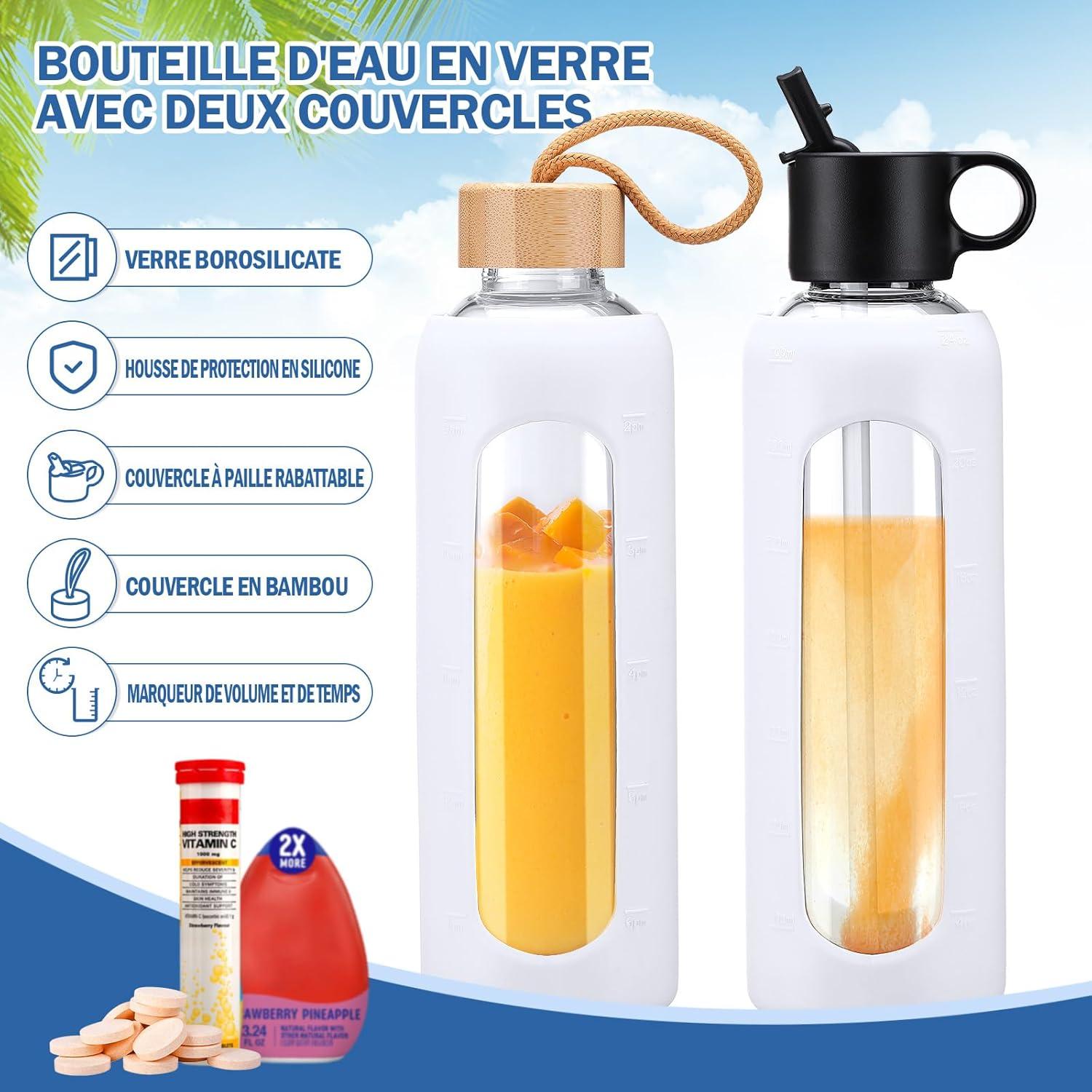 image:image750ml Gourde en Verre Avec Paille et 2 Couvercle Bouteille deau Motivation Gradue Pour 1 Journee Avec Marqueur de Temps Housse en Silicone Sport Gourde ReutilisableBleuBlanc