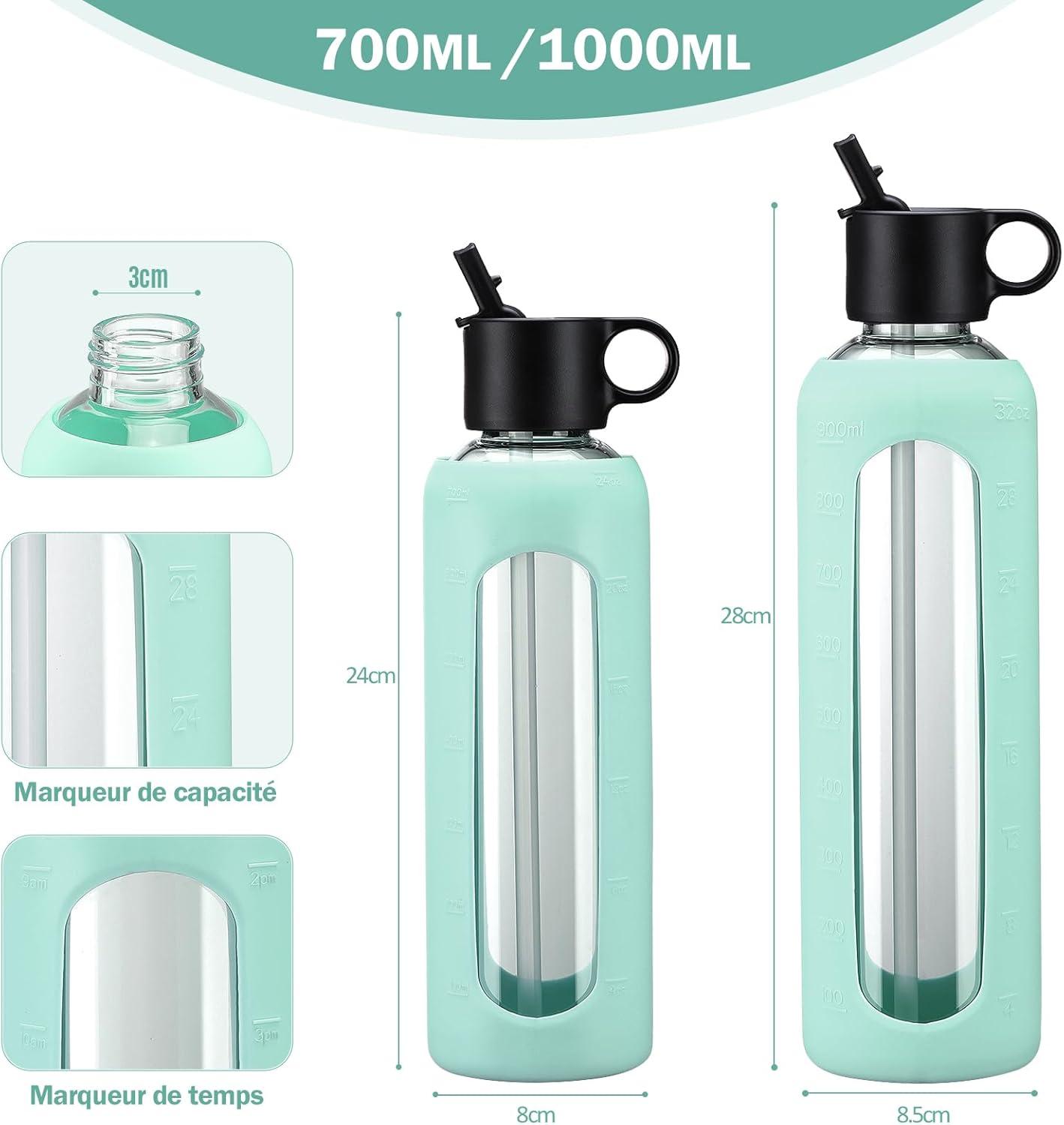 image:image750ml Gourde en Verre Avec Paille et 2 Couvercle Bouteille deau Motivation Gradue Pour 1 Journee Avec Marqueur de Temps Housse en Silicone Sport Gourde ReutilisableBleuVert Menthe