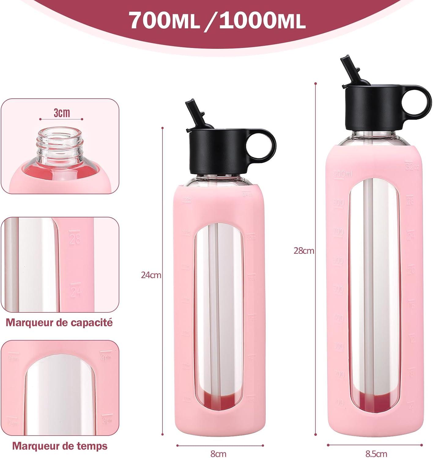 image:image750ml Gourde en Verre Avec Paille et 2 Couvercle Bouteille deau Motivation Gradue Pour 1 Journee Avec Marqueur de Temps Housse en Silicone Sport Gourde ReutilisableBleuRose