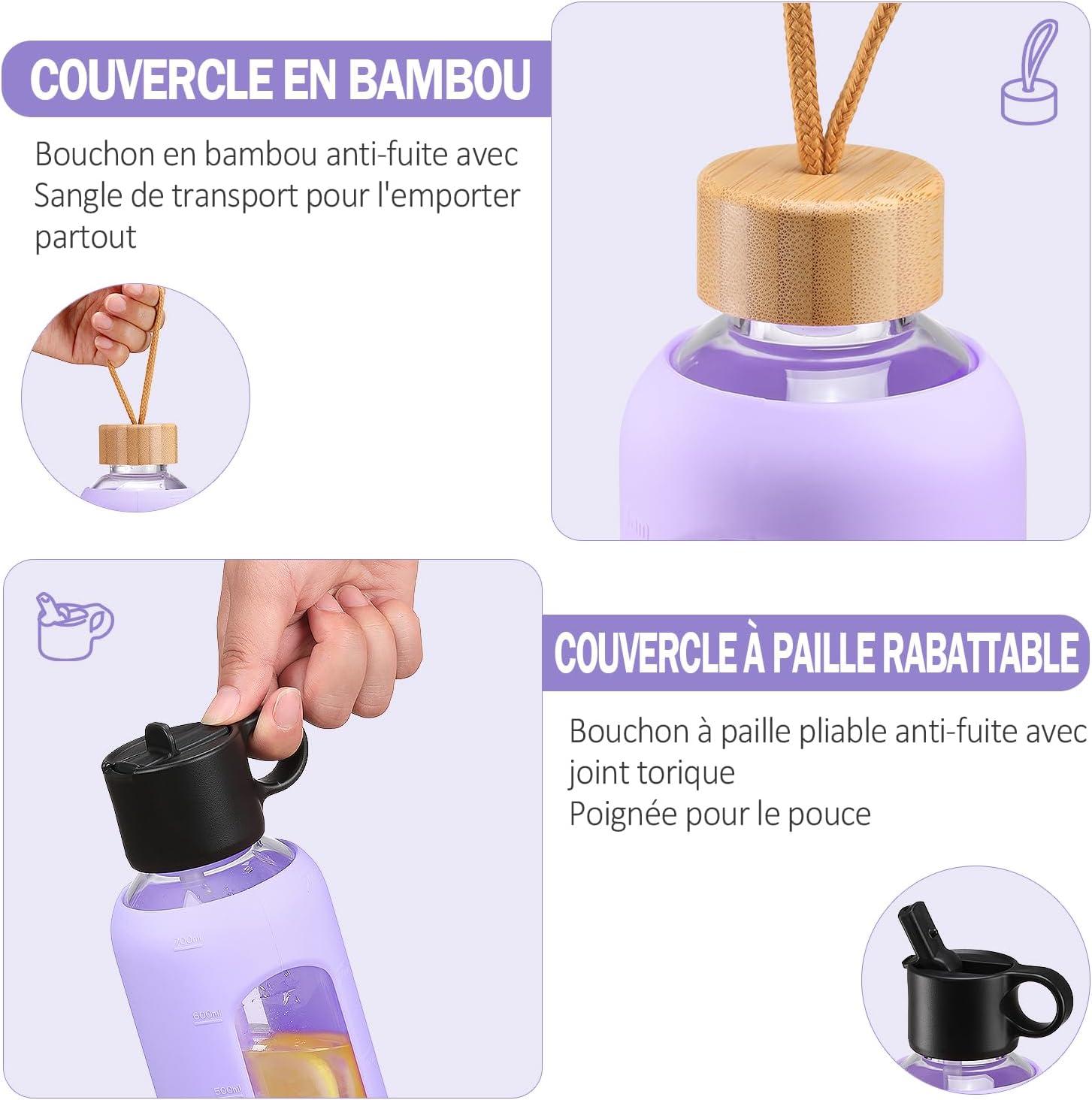 image:image750ml Gourde en Verre Avec Paille et 2 Couvercle Bouteille deau Motivation Gradue Pour 1 Journee Avec Marqueur de Temps Housse en Silicone Sport Gourde ReutilisableBleuViolet