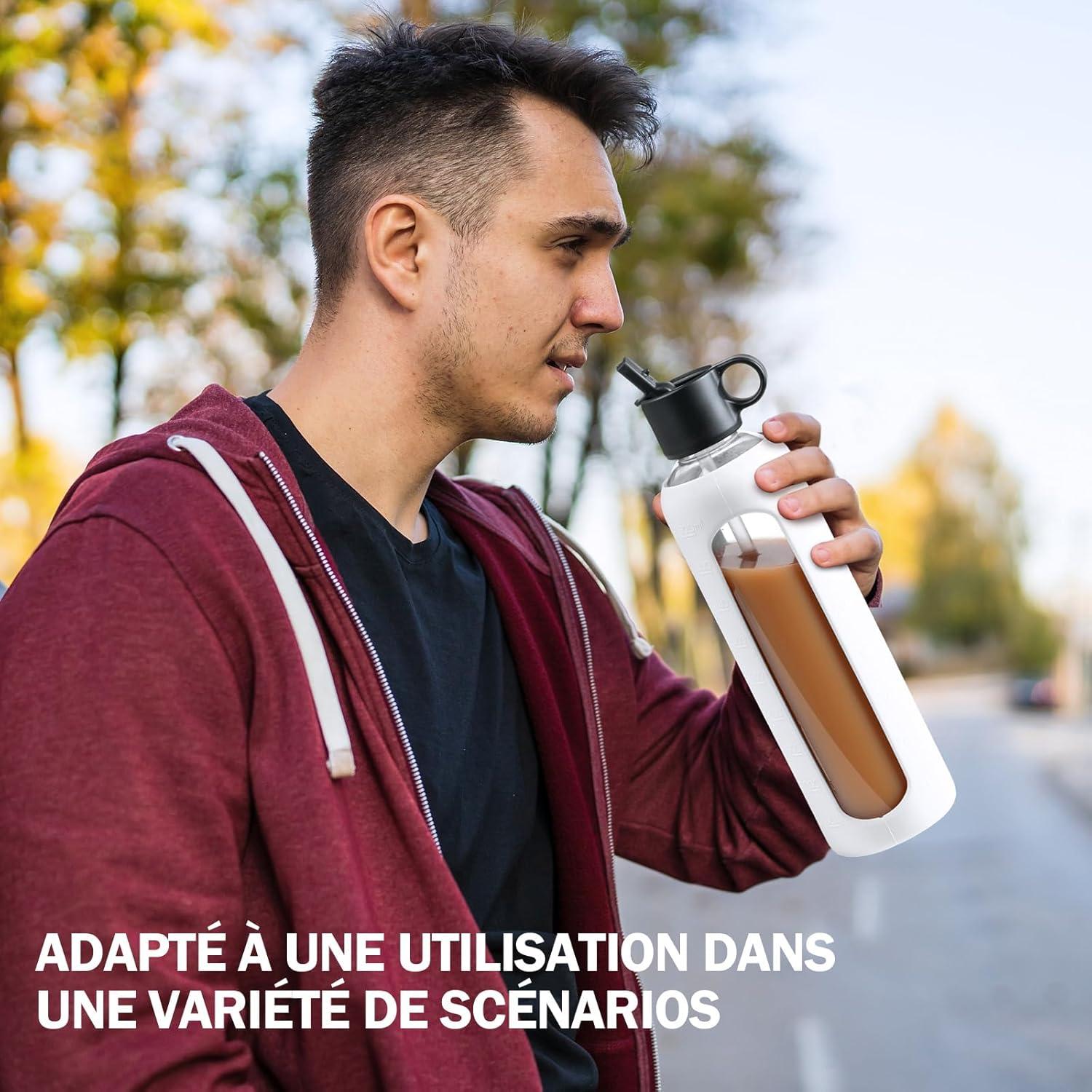 image:image750ml Gourde en Verre Avec Paille et 2 Couvercle Bouteille deau Motivation Gradue Pour 1 Journee Avec Marqueur de Temps Housse en Silicone Sport Gourde ReutilisableBleuBlanc