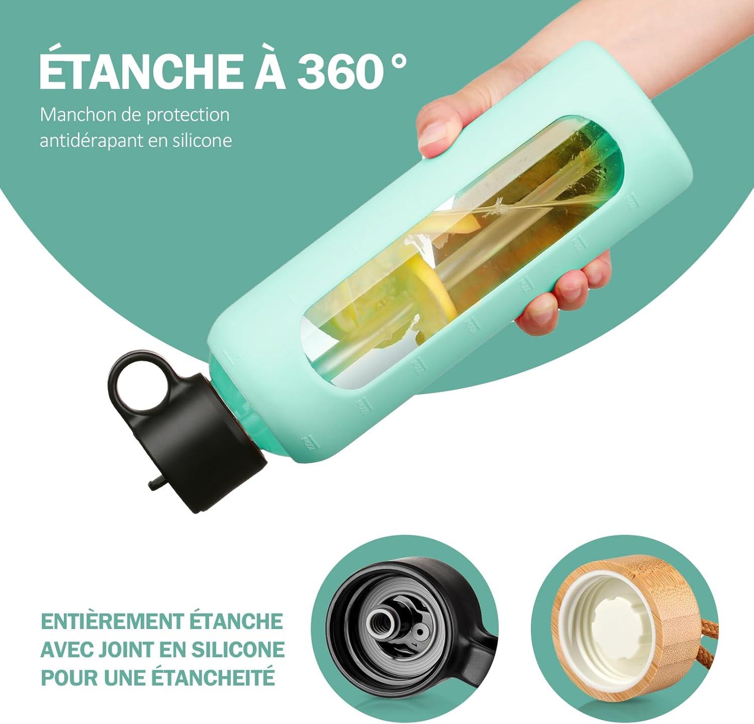 image:image750ml Gourde en Verre Avec Paille et 2 Couvercle Bouteille deau Motivation Gradue Pour 1 Journee Avec Marqueur de Temps Housse en Silicone Sport Gourde ReutilisableBleuVert Menthe