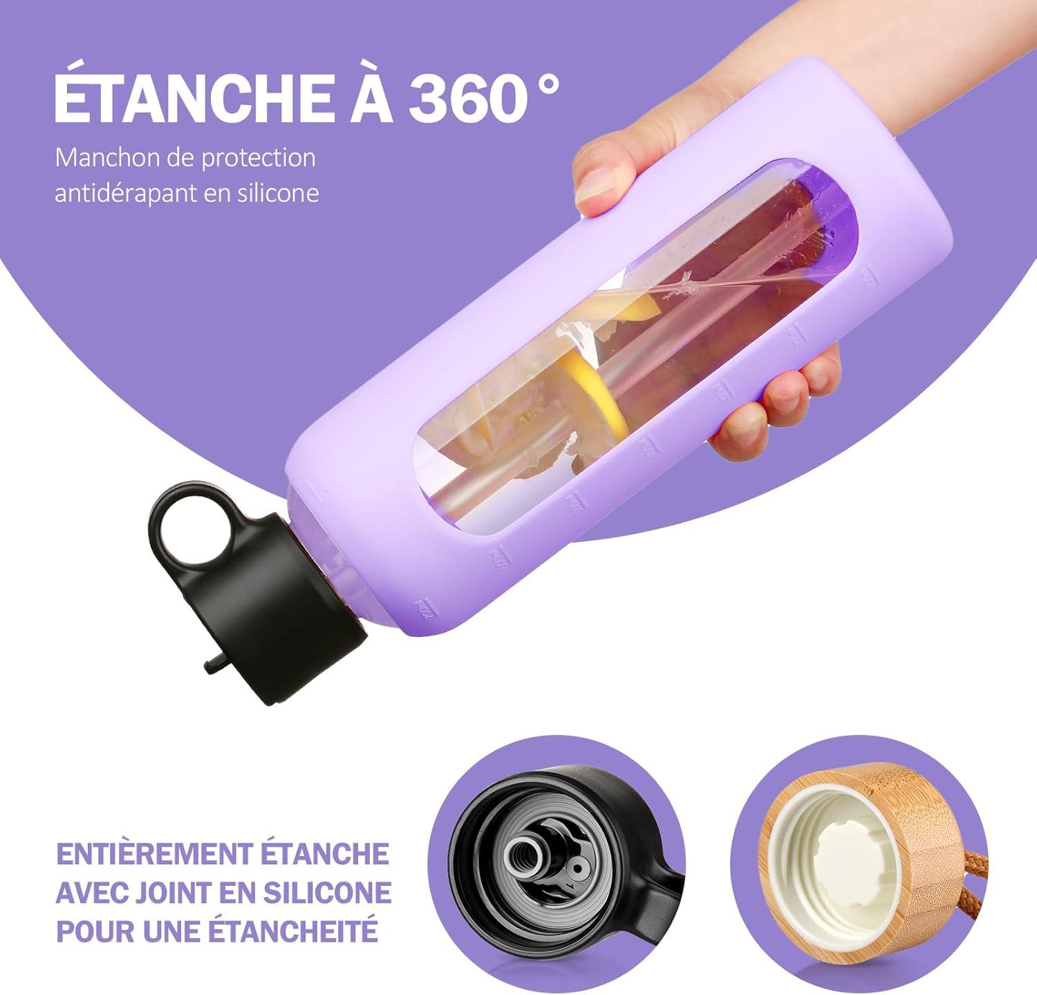 image:image750ml Gourde en Verre Avec Paille et 2 Couvercle Bouteille deau Motivation Gradue Pour 1 Journee Avec Marqueur de Temps Housse en Silicone Sport Gourde ReutilisableBleuViolet