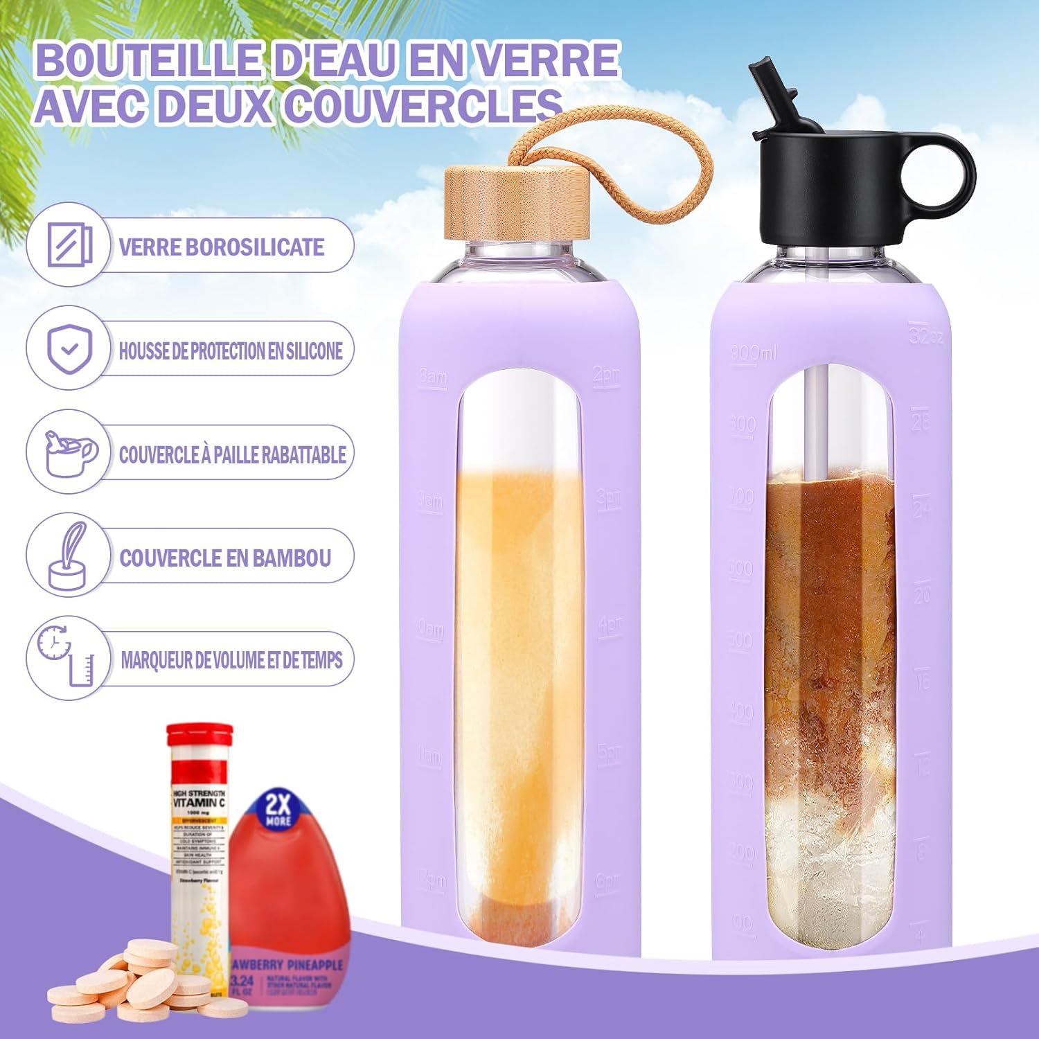 image:image750ml Gourde en Verre Avec Paille et 2 Couvercle Bouteille deau Motivation Gradue Pour 1 Journee Avec Marqueur de Temps Housse en Silicone Sport Gourde ReutilisableBleuViolet