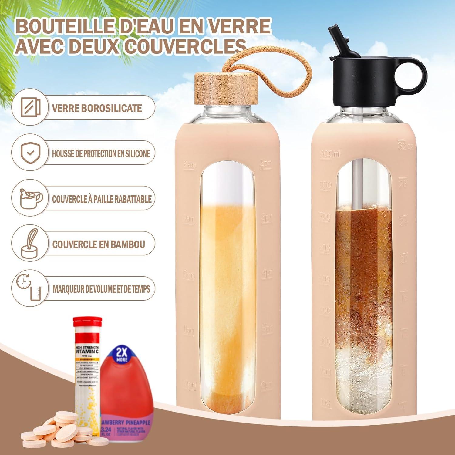 image:image750ml Gourde en Verre Avec Paille et 2 Couvercle Bouteille deau Motivation Gradue Pour 1 Journee Avec Marqueur de Temps Housse en Silicone Sport Gourde ReutilisableBleuAmbre