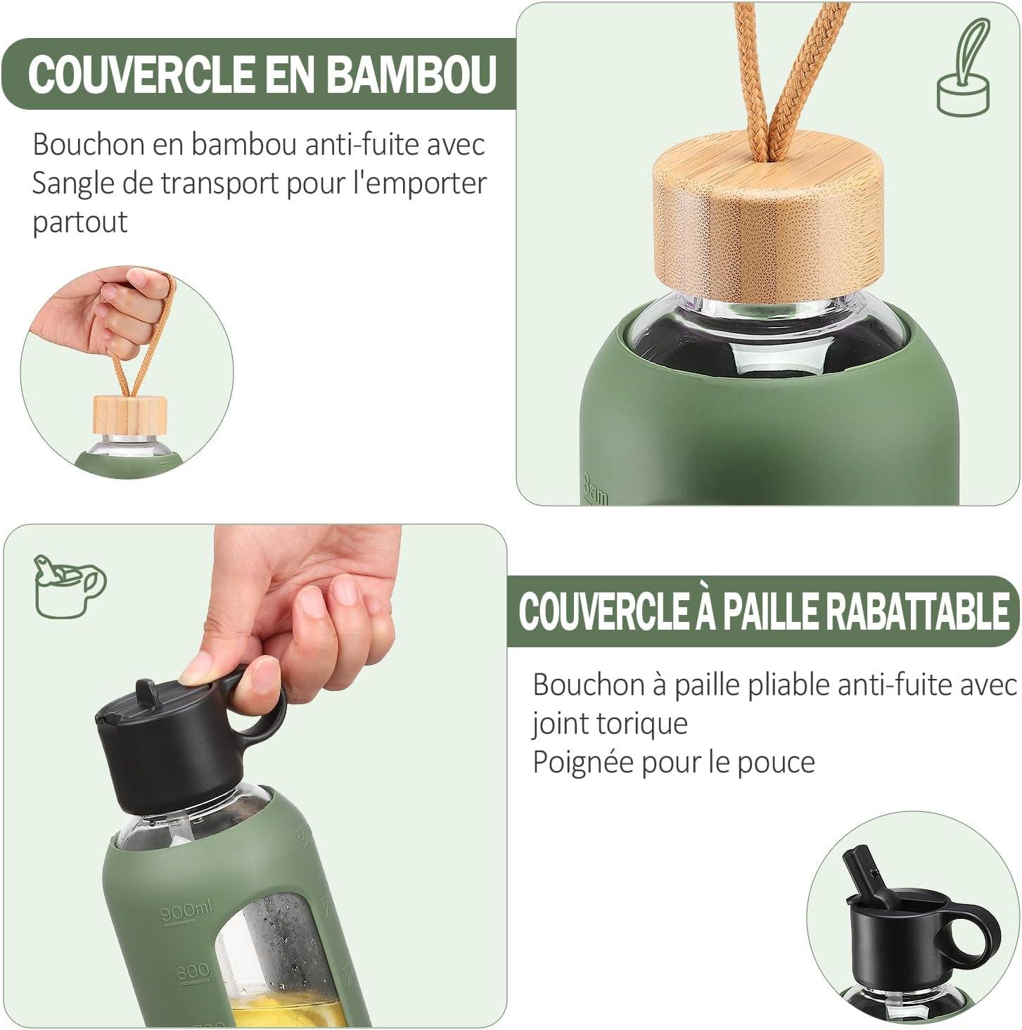 image:image750ml Gourde en Verre Avec Paille et 2 Couvercle Bouteille deau Motivation Gradue Pour 1 Journee Avec Marqueur de Temps Housse en Silicone Sport Gourde ReutilisableBleuOlivier