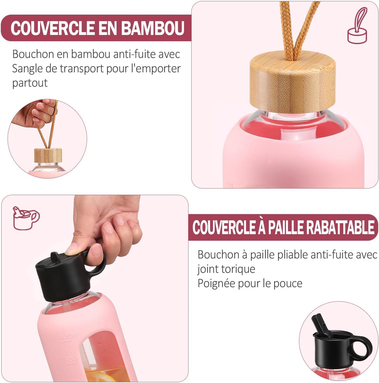 image:image750ml Gourde en Verre Avec Paille et 2 Couvercle Bouteille deau Motivation Gradue Pour 1 Journee Avec Marqueur de Temps Housse en Silicone Sport Gourde ReutilisableBleuRose