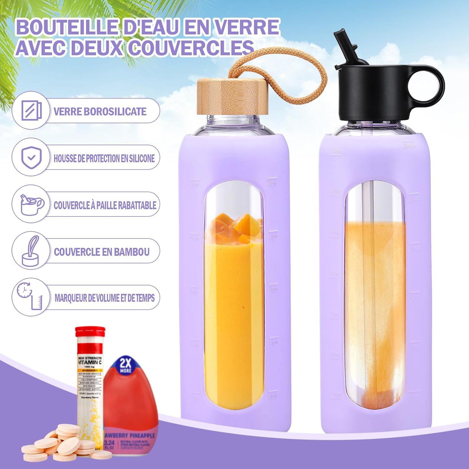image:image750ml Gourde en Verre Avec Paille et 2 Couvercle Bouteille deau Motivation Gradue Pour 1 Journee Avec Marqueur de Temps Housse en Silicone Sport Gourde ReutilisableBleuViolet