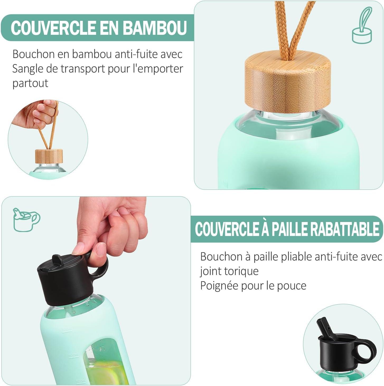 image:image750ml Gourde en Verre Avec Paille et 2 Couvercle Bouteille deau Motivation Gradue Pour 1 Journee Avec Marqueur de Temps Housse en Silicone Sport Gourde ReutilisableBleuVert Menthe