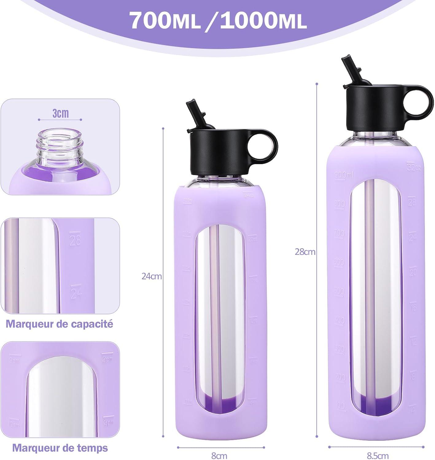 image:image750ml Gourde en Verre Avec Paille et 2 Couvercle Bouteille deau Motivation Gradue Pour 1 Journee Avec Marqueur de Temps Housse en Silicone Sport Gourde ReutilisableBleuViolet