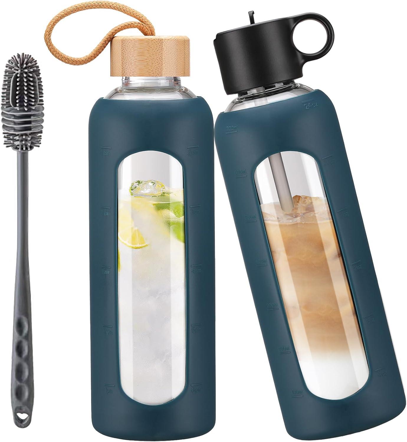 image:image750ml Gourde en Verre Avec Paille et 2 Couvercle Bouteille deau Motivation Gradue Pour 1 Journee Avec Marqueur de Temps Housse en Silicone Sport Gourde ReutilisableBleuBleu