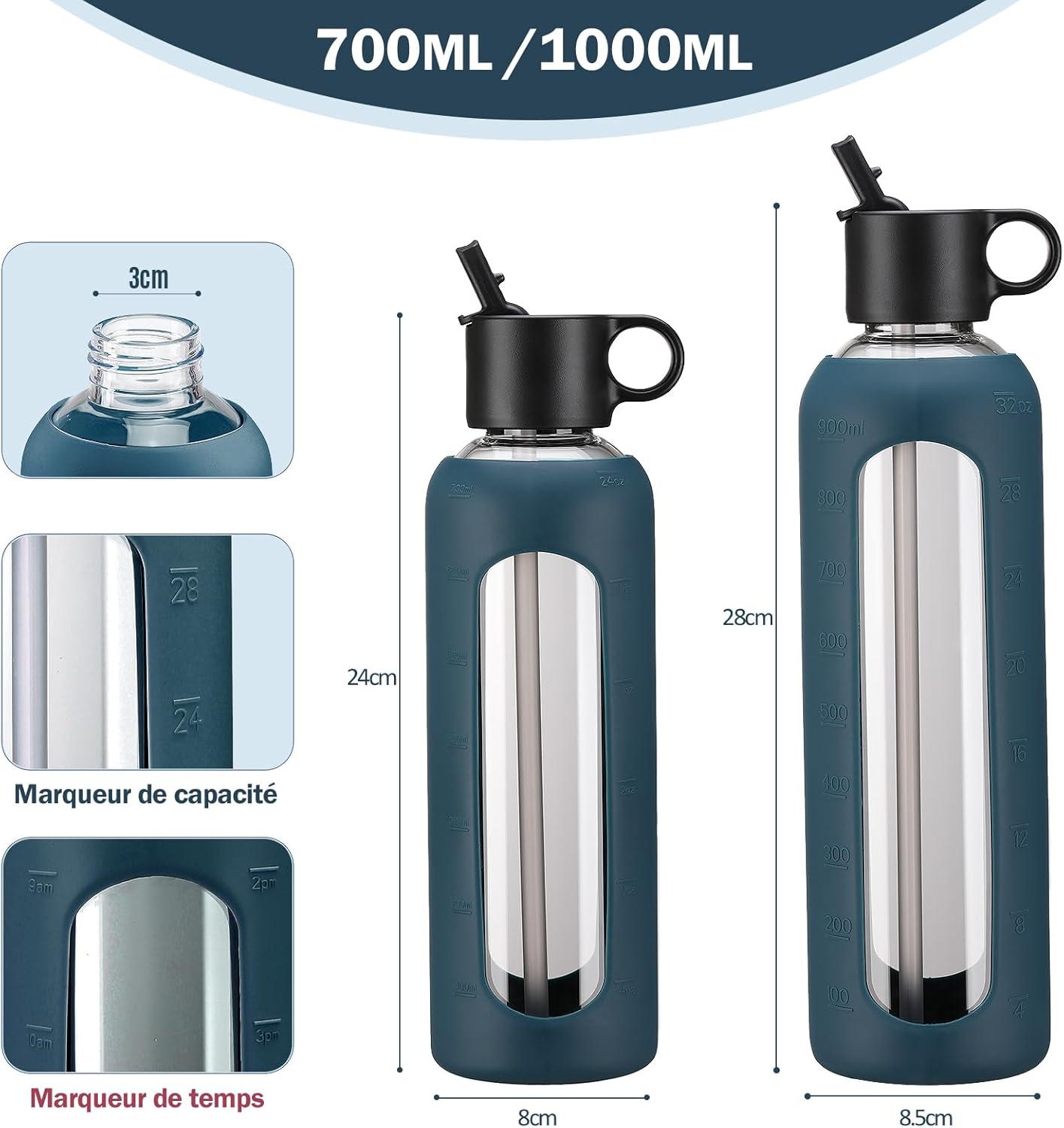image:image750ml Gourde en Verre Avec Paille et 2 Couvercle Bouteille deau Motivation Gradue Pour 1 Journee Avec Marqueur de Temps Housse en Silicone Sport Gourde ReutilisableBleuBleu
