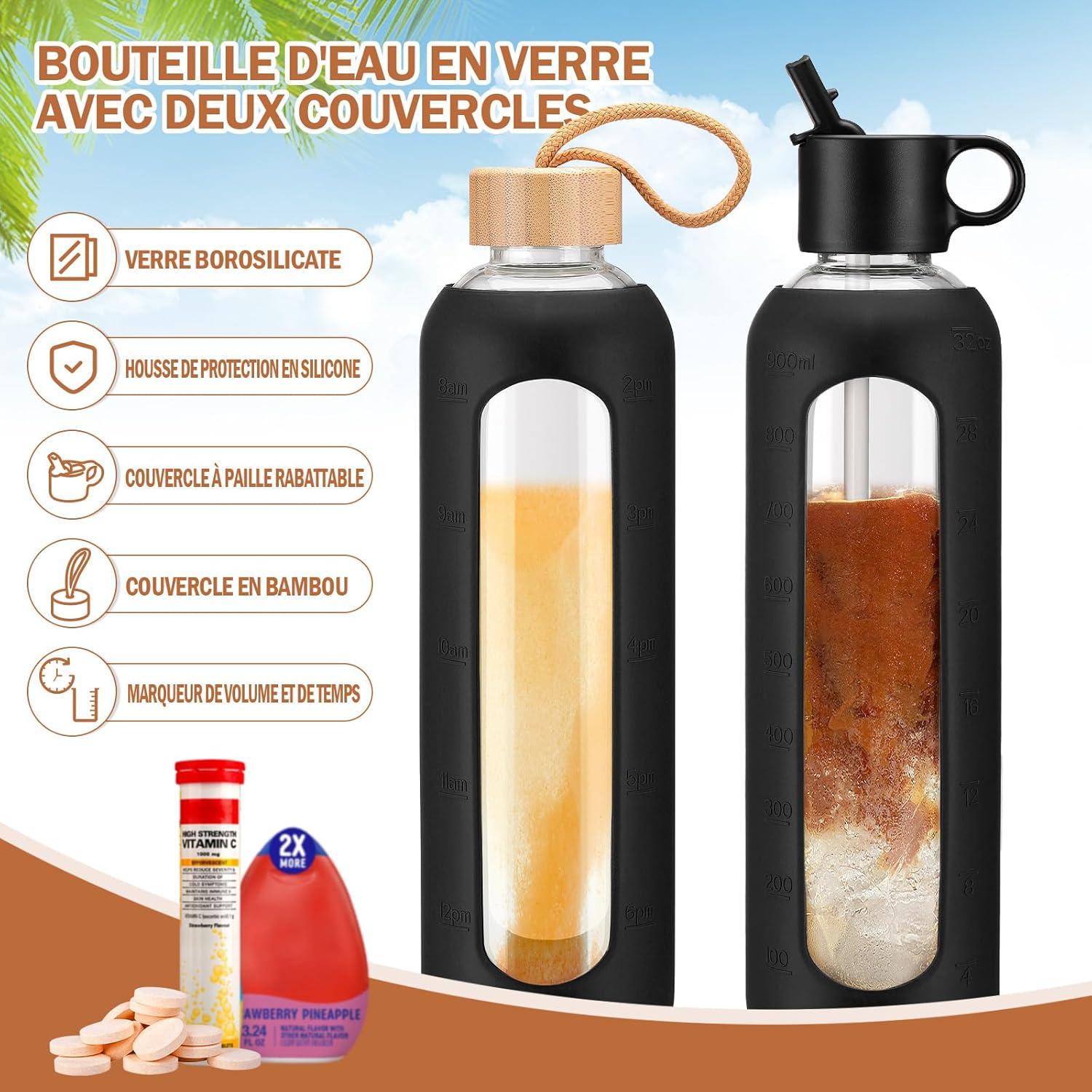 image:image750ml Gourde en Verre Avec Paille et 2 Couvercle Bouteille deau Motivation Gradue Pour 1 Journee Avec Marqueur de Temps Housse en Silicone Sport Gourde ReutilisableBleuNoir