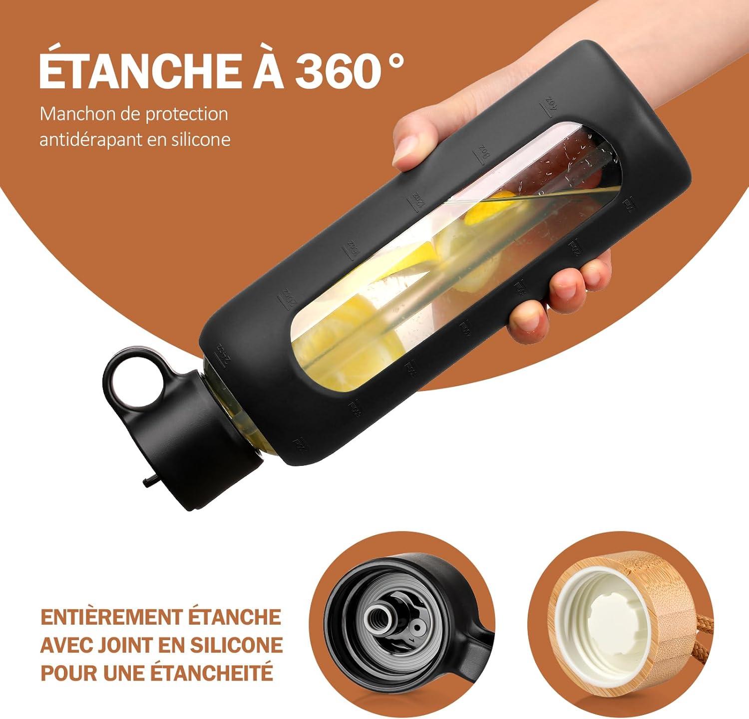 image:image750ml Gourde en Verre Avec Paille et 2 Couvercle Bouteille deau Motivation Gradue Pour 1 Journee Avec Marqueur de Temps Housse en Silicone Sport Gourde ReutilisableBleuNoir