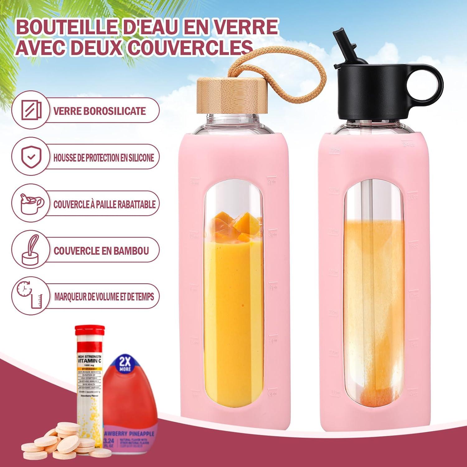 image:image750ml Gourde en Verre Avec Paille et 2 Couvercle Bouteille deau Motivation Gradue Pour 1 Journee Avec Marqueur de Temps Housse en Silicone Sport Gourde ReutilisableBleuRose