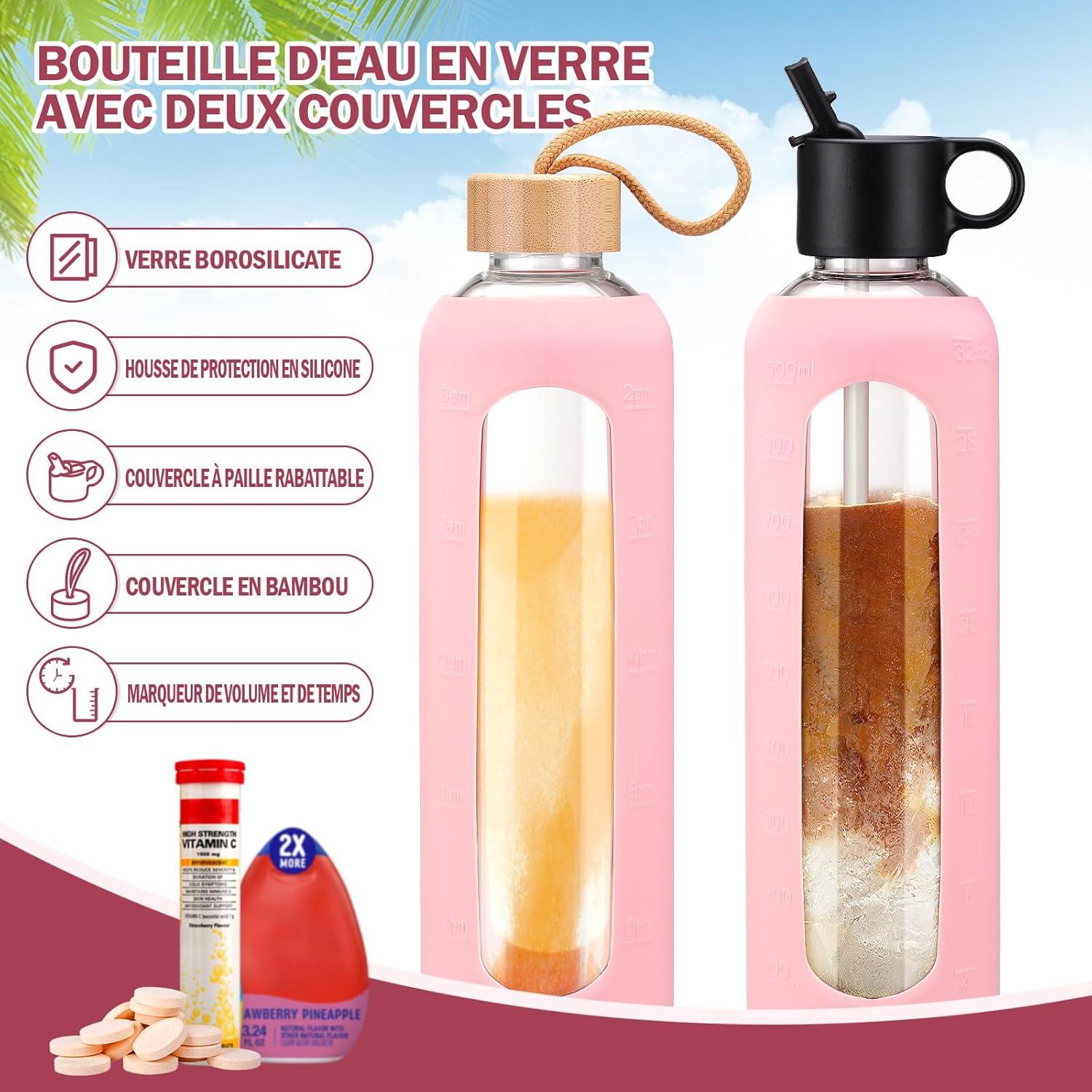 image:image750ml Gourde en Verre Avec Paille et 2 Couvercle Bouteille deau Motivation Gradue Pour 1 Journee Avec Marqueur de Temps Housse en Silicone Sport Gourde ReutilisableBleuRose
