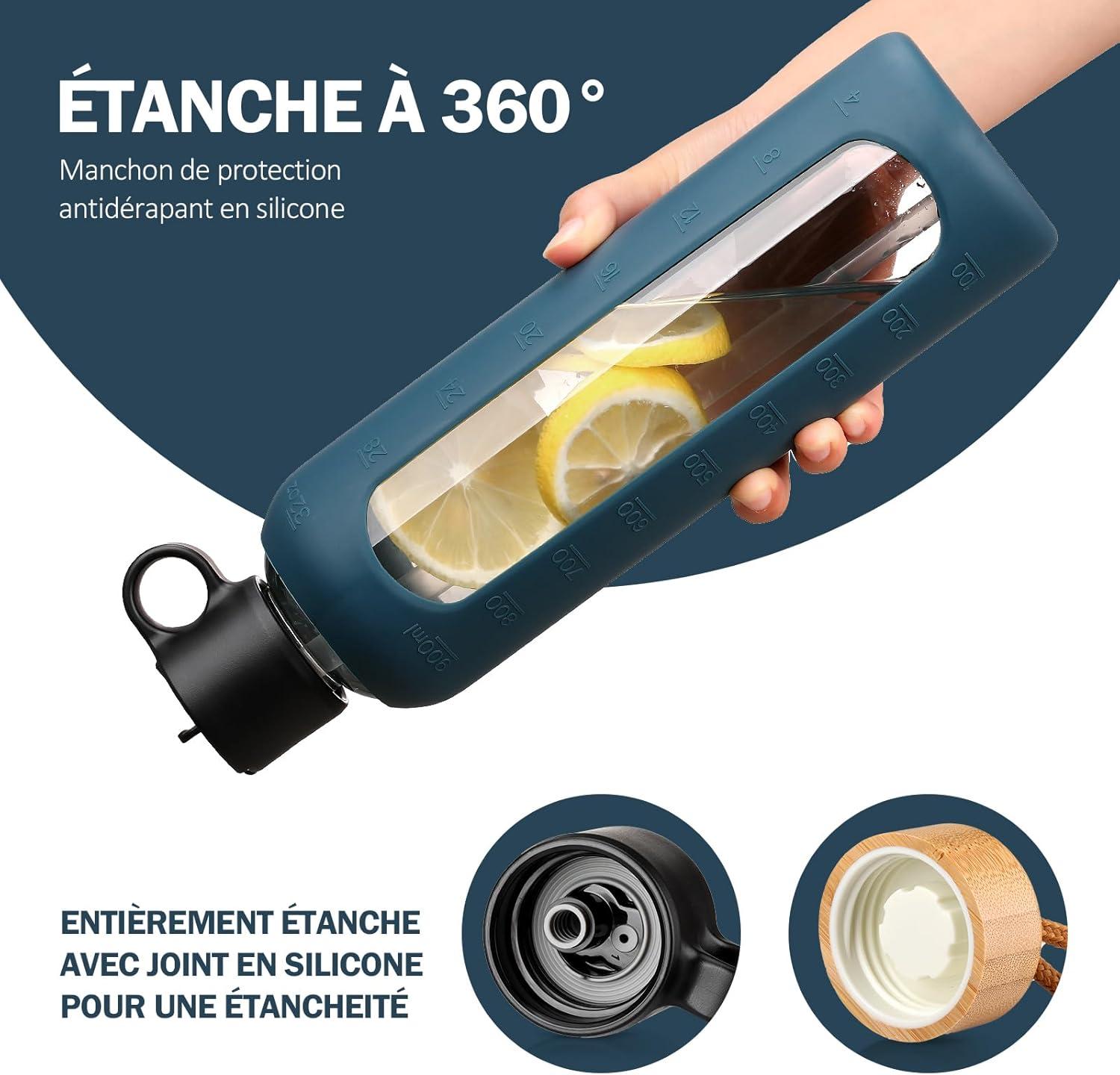 image:image750ml Gourde en Verre Avec Paille et 2 Couvercle Bouteille deau Motivation Gradue Pour 1 Journee Avec Marqueur de Temps Housse en Silicone Sport Gourde ReutilisableBleuBleu