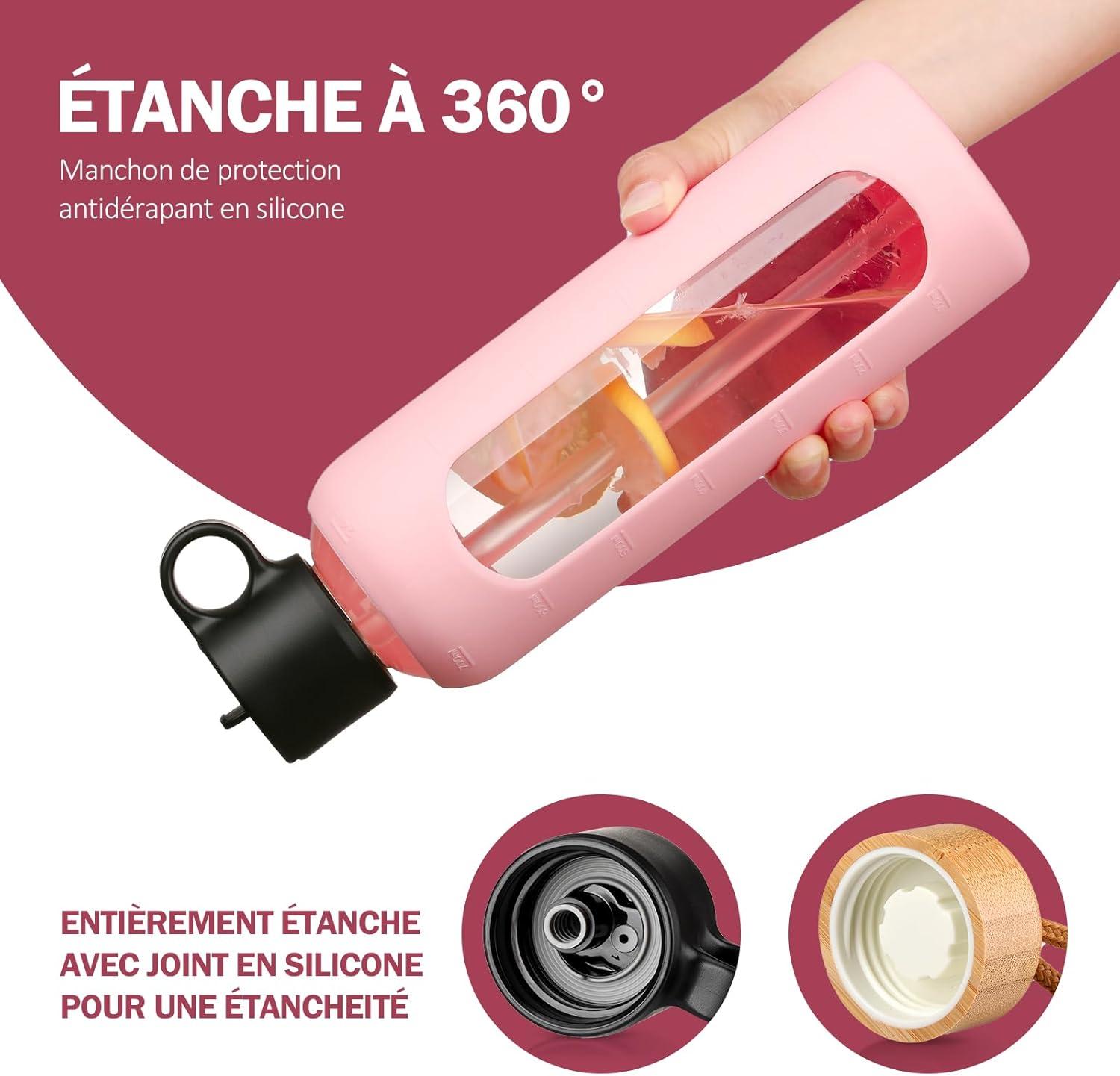 image:image750ml Gourde en Verre Avec Paille et 2 Couvercle Bouteille deau Motivation Gradue Pour 1 Journee Avec Marqueur de Temps Housse en Silicone Sport Gourde ReutilisableBleuRose