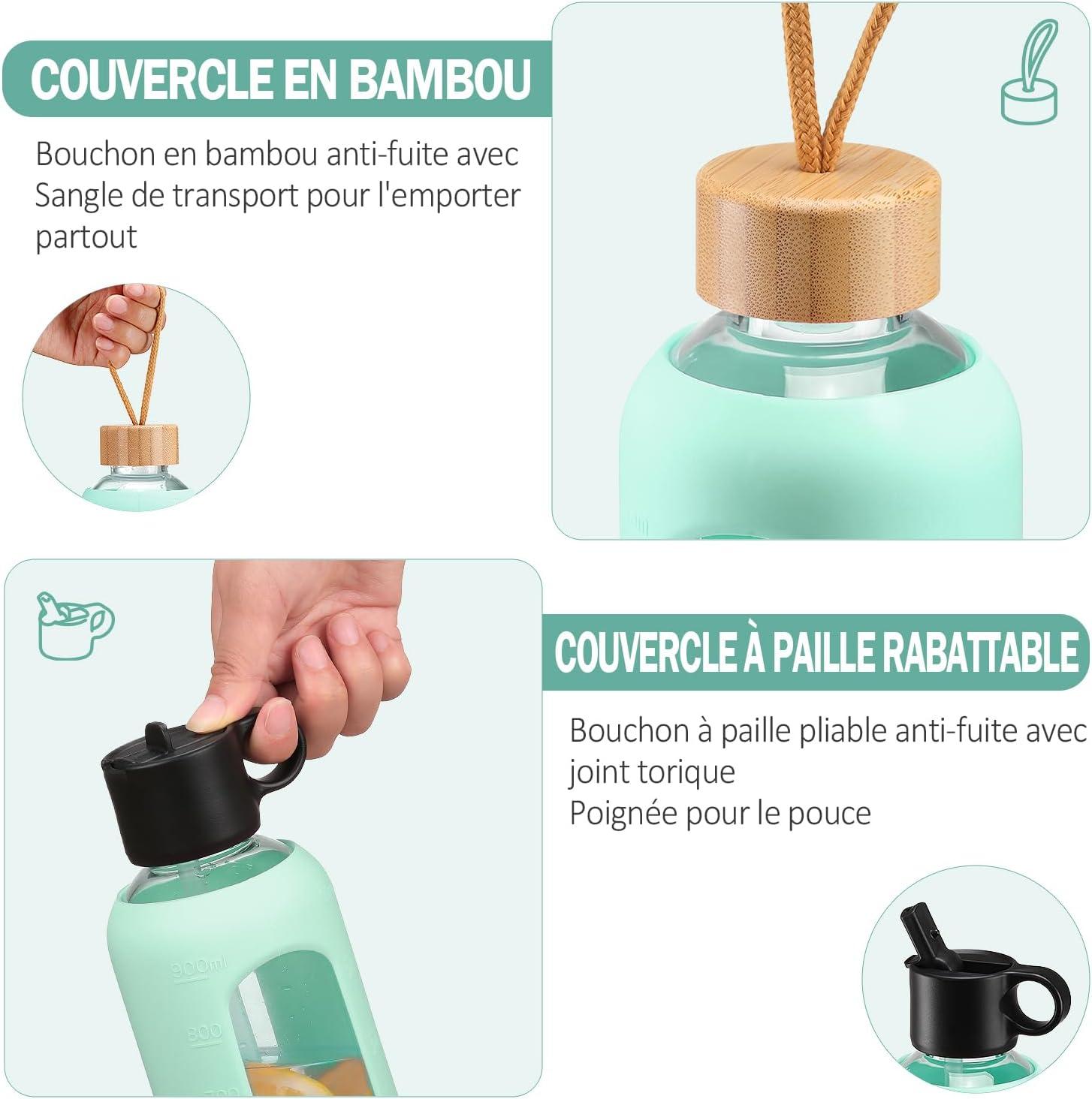 image:image750ml Gourde en Verre Avec Paille et 2 Couvercle Bouteille deau Motivation Gradue Pour 1 Journee Avec Marqueur de Temps Housse en Silicone Sport Gourde ReutilisableBleuVert Menthe