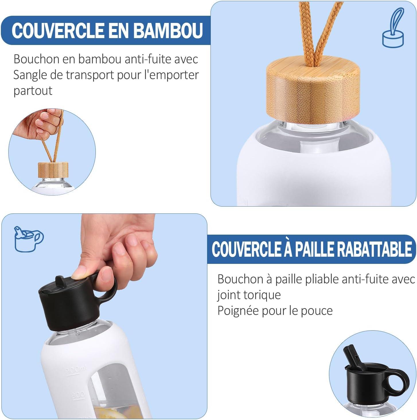 image:image750ml Gourde en Verre Avec Paille et 2 Couvercle Bouteille deau Motivation Gradue Pour 1 Journee Avec Marqueur de Temps Housse en Silicone Sport Gourde ReutilisableBleuBlanc