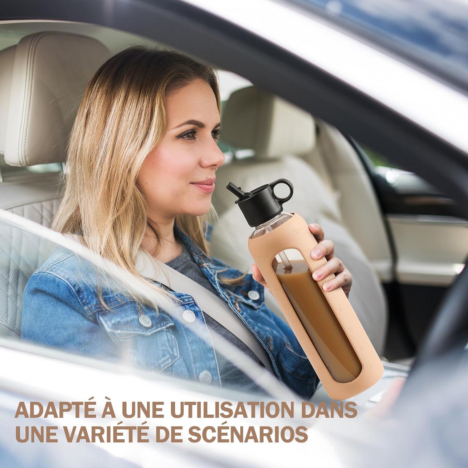 image:image750ml Gourde en Verre Avec Paille et 2 Couvercle Bouteille deau Motivation Gradue Pour 1 Journee Avec Marqueur de Temps Housse en Silicone Sport Gourde ReutilisableBleuAmbre