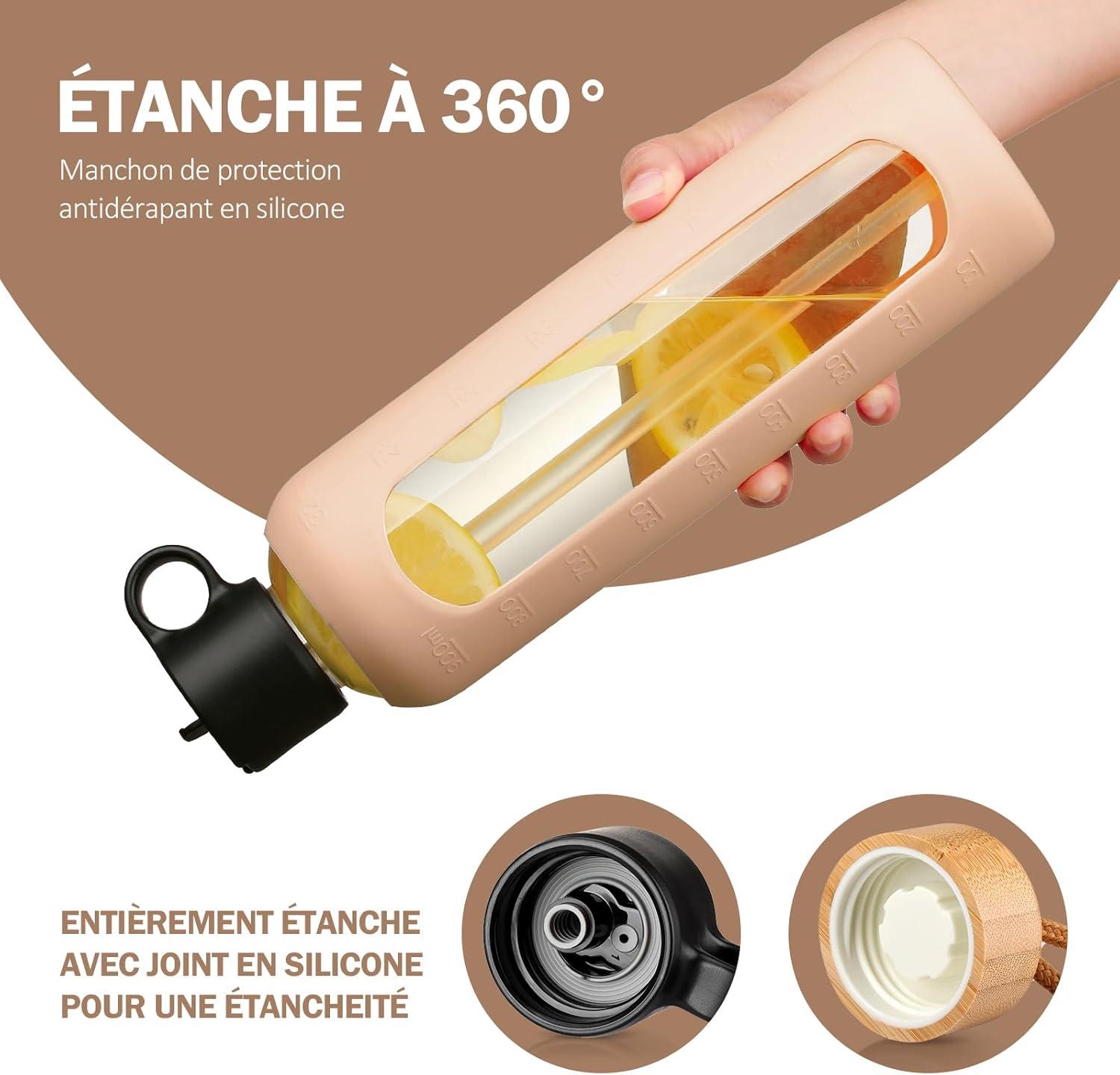 image:image750ml Gourde en Verre Avec Paille et 2 Couvercle Bouteille deau Motivation Gradue Pour 1 Journee Avec Marqueur de Temps Housse en Silicone Sport Gourde ReutilisableBleuAmbre