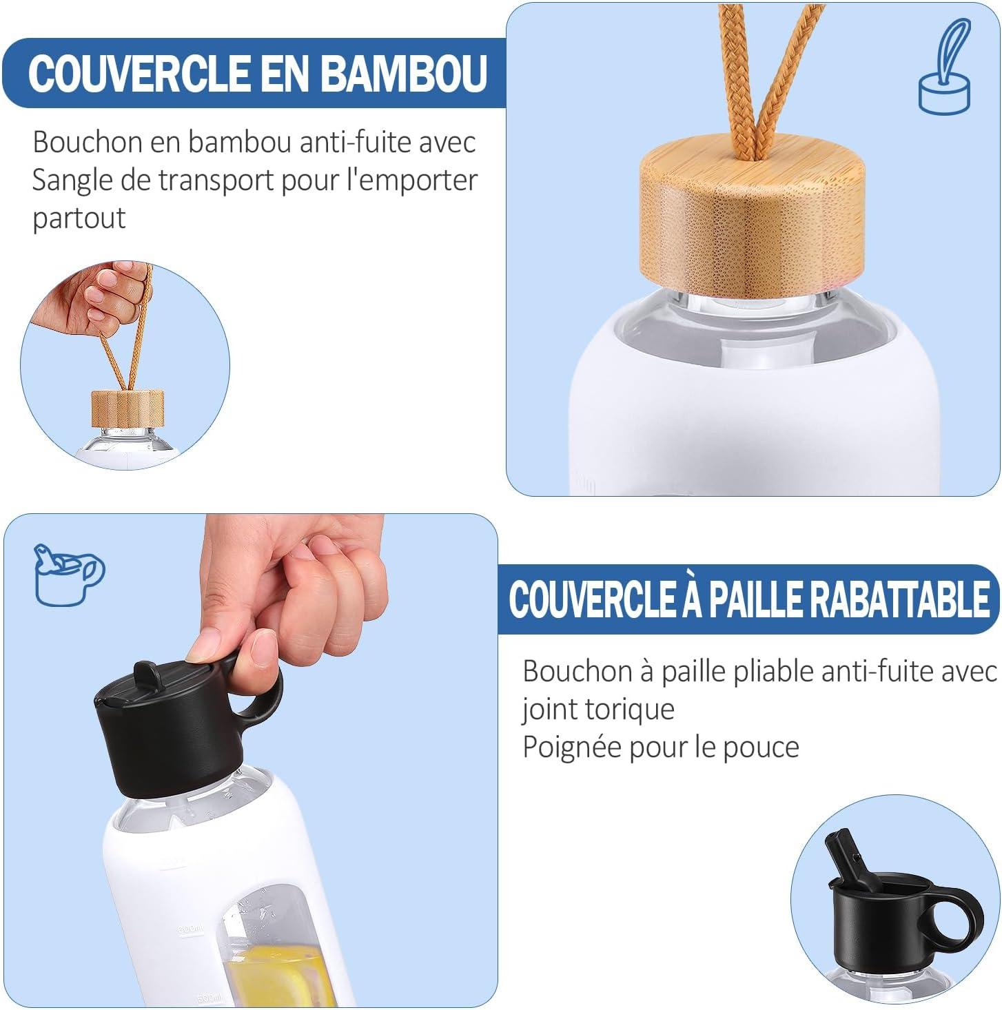 image:image750ml Gourde en Verre Avec Paille et 2 Couvercle Bouteille deau Motivation Gradue Pour 1 Journee Avec Marqueur de Temps Housse en Silicone Sport Gourde ReutilisableBleuBlanc
