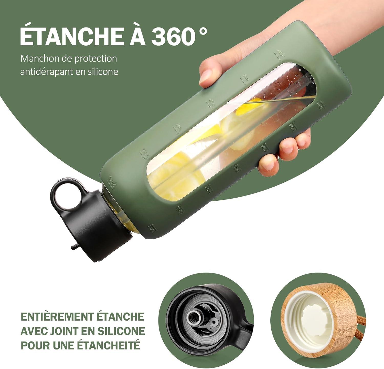 image:image750ml Gourde en Verre Avec Paille et 2 Couvercle Bouteille deau Motivation Gradue Pour 1 Journee Avec Marqueur de Temps Housse en Silicone Sport Gourde ReutilisableBleuOlivier
