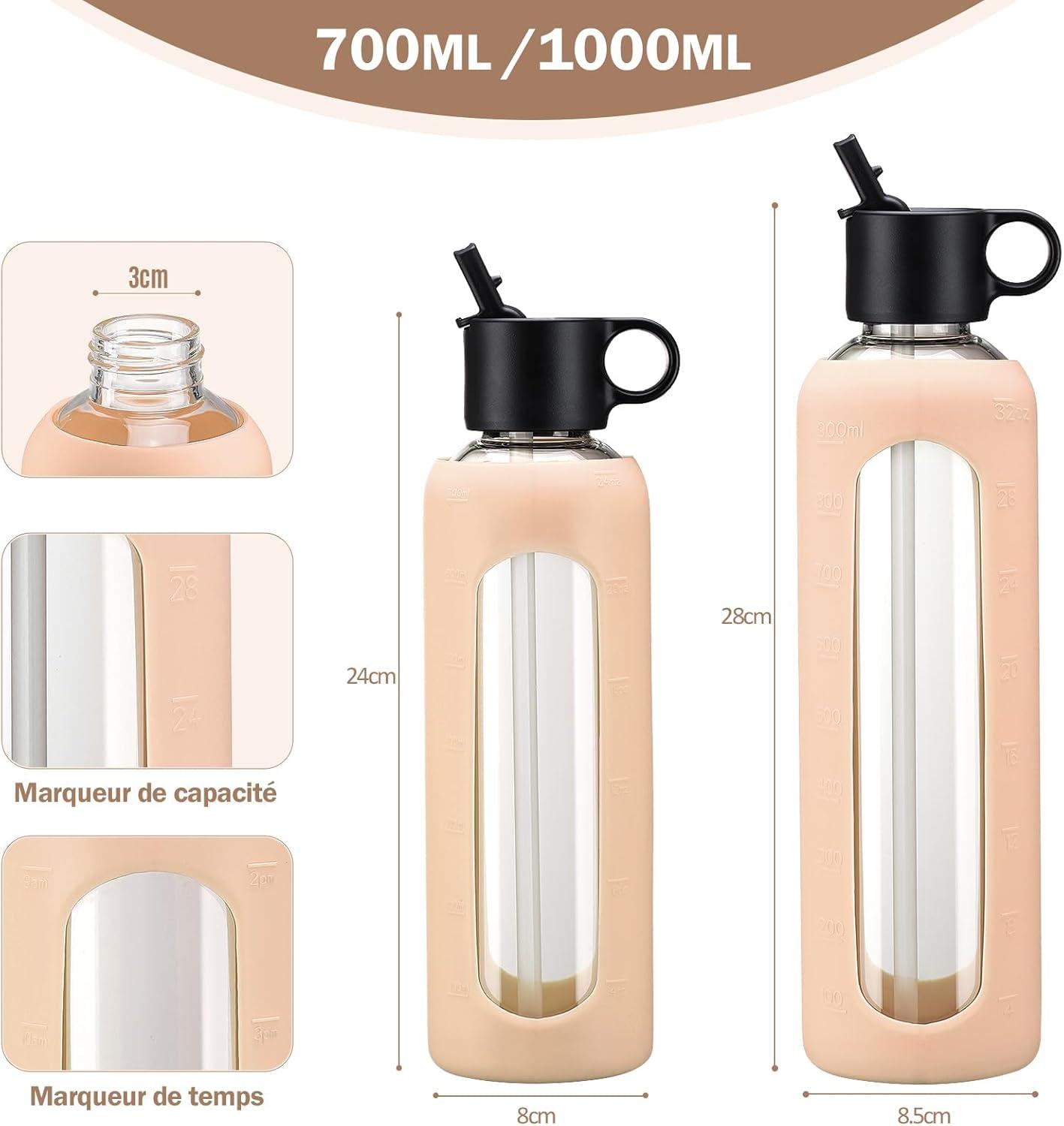 image:image750ml Gourde en Verre Avec Paille et 2 Couvercle Bouteille deau Motivation Gradue Pour 1 Journee Avec Marqueur de Temps Housse en Silicone Sport Gourde ReutilisableBleuAmbre