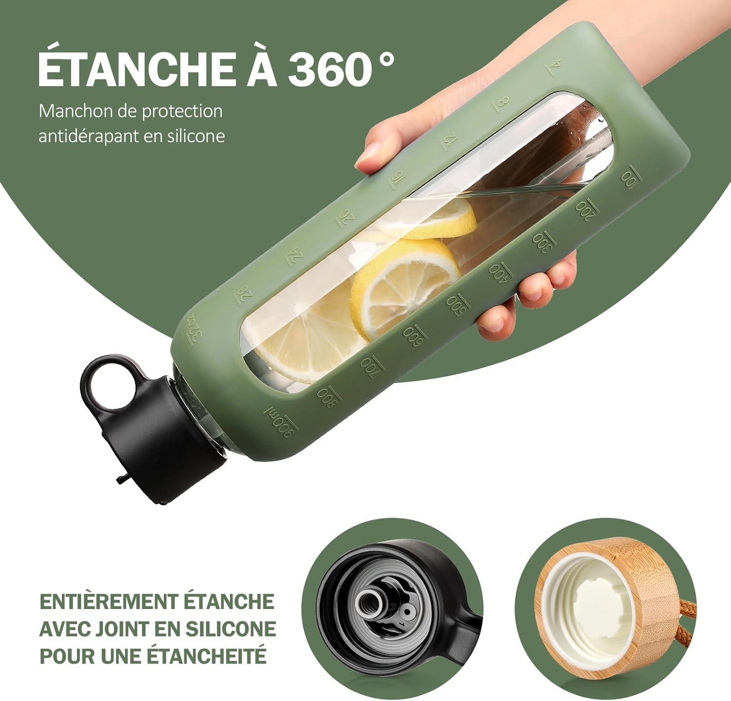 image:image750ml Gourde en Verre Avec Paille et 2 Couvercle Bouteille deau Motivation Gradue Pour 1 Journee Avec Marqueur de Temps Housse en Silicone Sport Gourde ReutilisableBleuOlivier