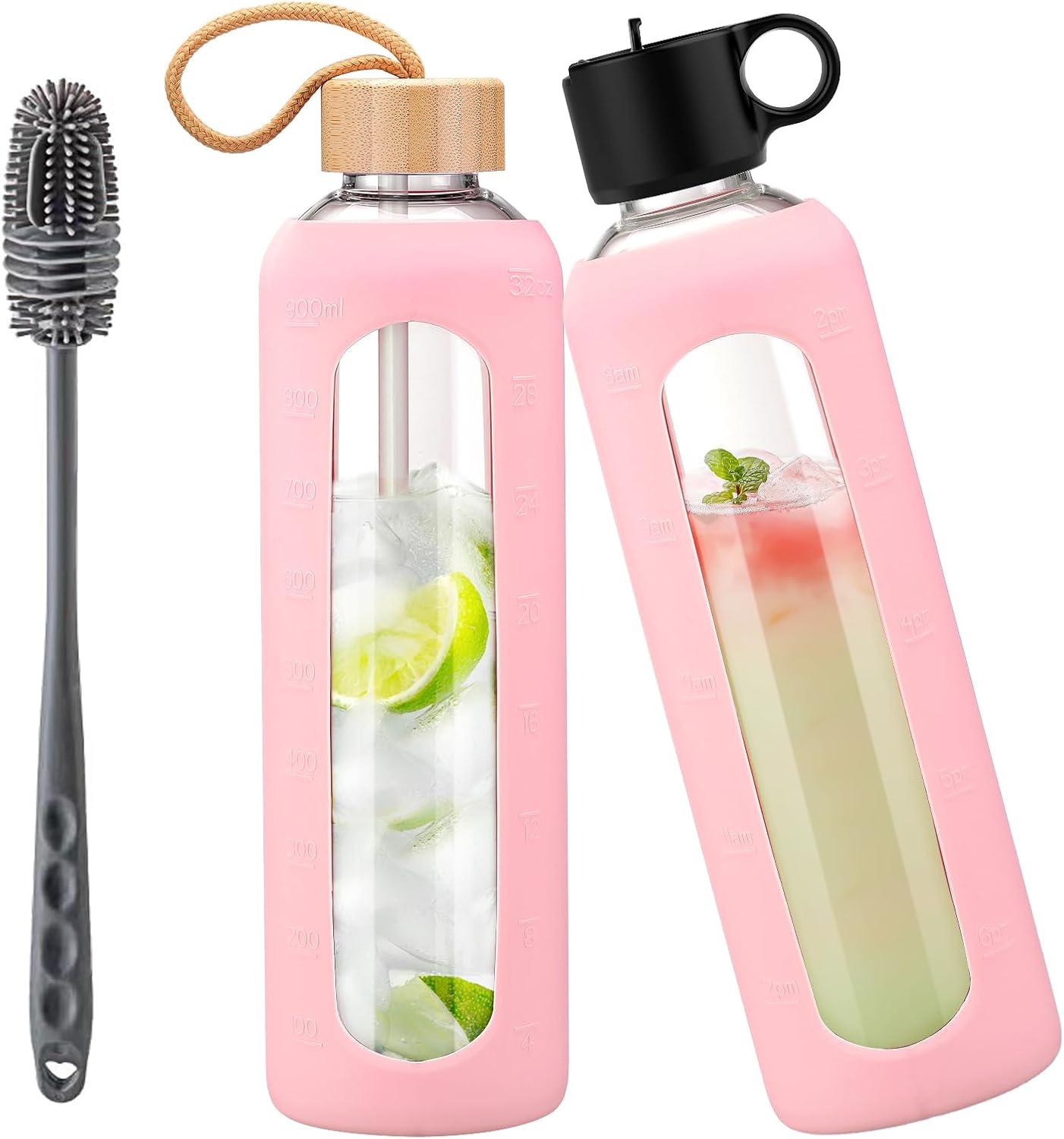image:image750ml Gourde en Verre Avec Paille et 2 Couvercle Bouteille deau Motivation Gradue Pour 1 Journee Avec Marqueur de Temps Housse en Silicone Sport Gourde ReutilisableBleuRose