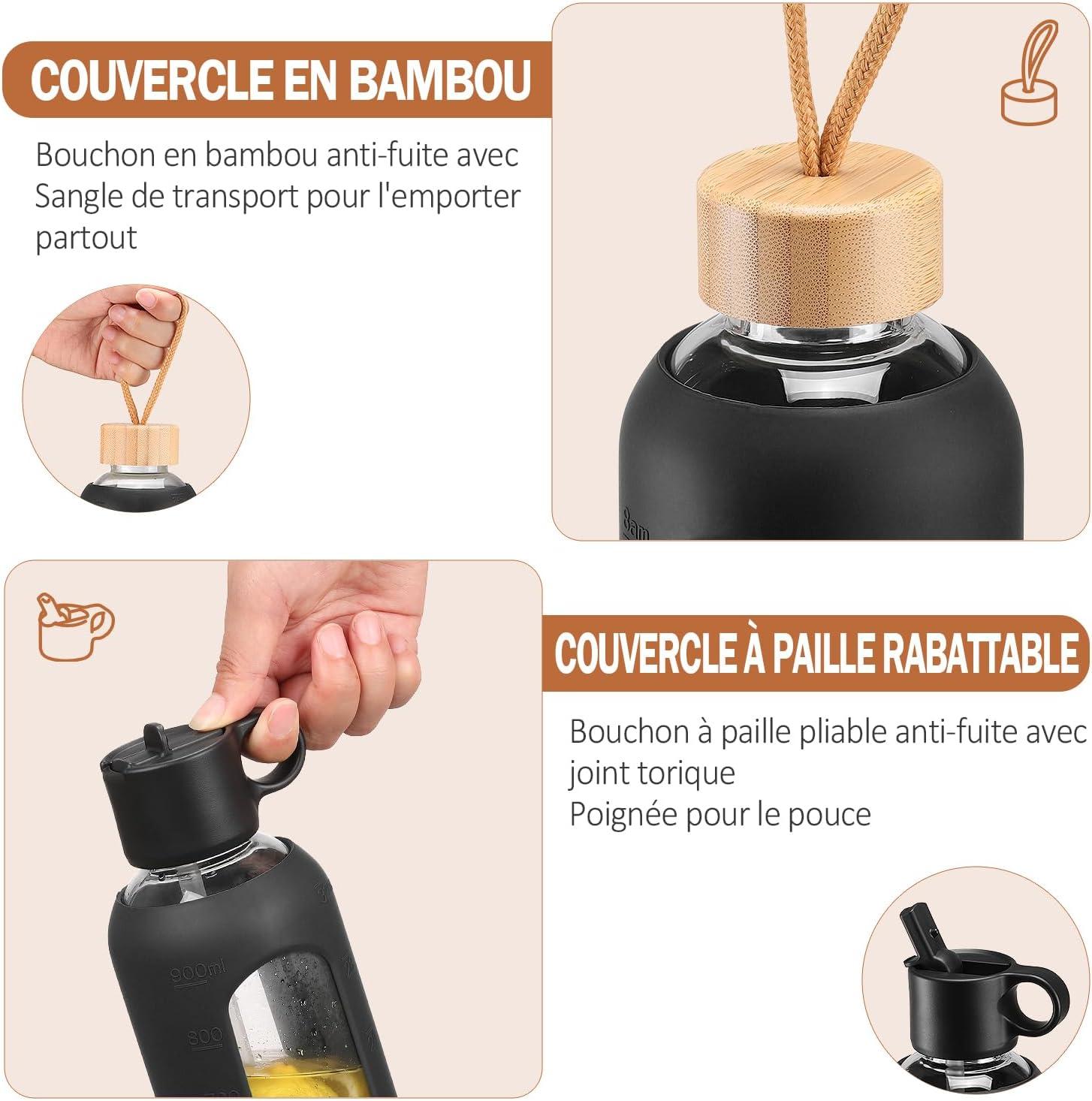 image:image750ml Gourde en Verre Avec Paille et 2 Couvercle Bouteille deau Motivation Gradue Pour 1 Journee Avec Marqueur de Temps Housse en Silicone Sport Gourde ReutilisableBleuNoir