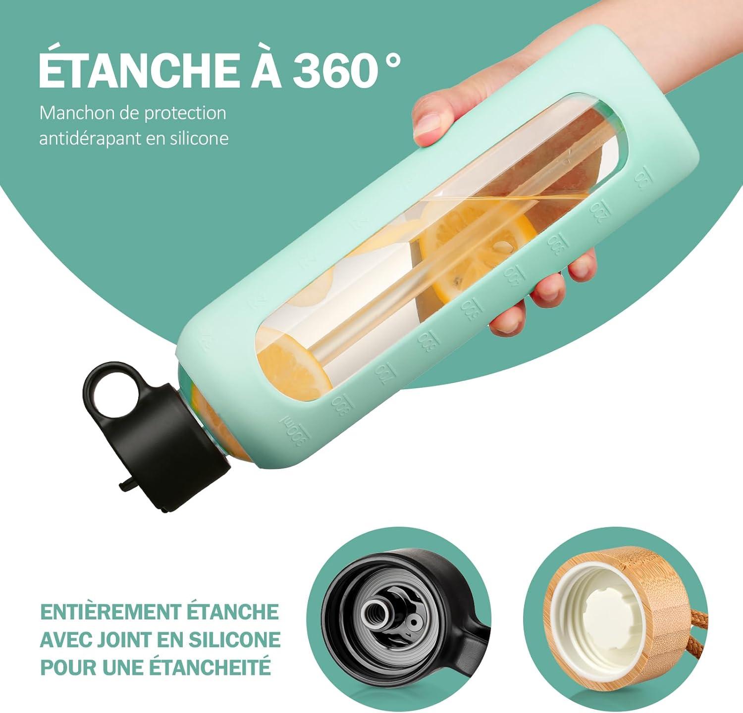 image:image750ml Gourde en Verre Avec Paille et 2 Couvercle Bouteille deau Motivation Gradue Pour 1 Journee Avec Marqueur de Temps Housse en Silicone Sport Gourde ReutilisableBleuVert Menthe
