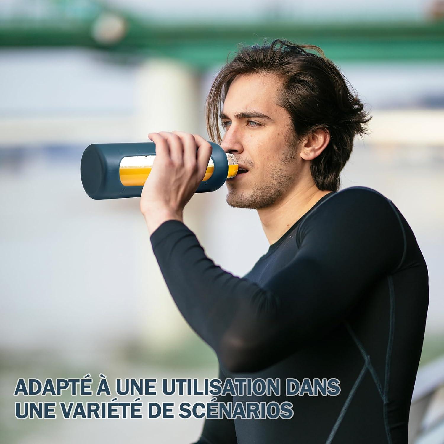 image:image750ml Gourde en Verre Avec Paille et 2 Couvercle Bouteille deau Motivation Gradue Pour 1 Journee Avec Marqueur de Temps Housse en Silicone Sport Gourde ReutilisableBleuBleu