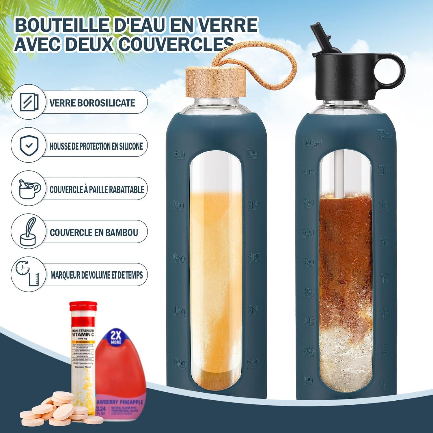 image:image750ml Gourde en Verre Avec Paille et 2 Couvercle Bouteille deau Motivation Gradue Pour 1 Journee Avec Marqueur de Temps Housse en Silicone Sport Gourde ReutilisableBleuBleu
